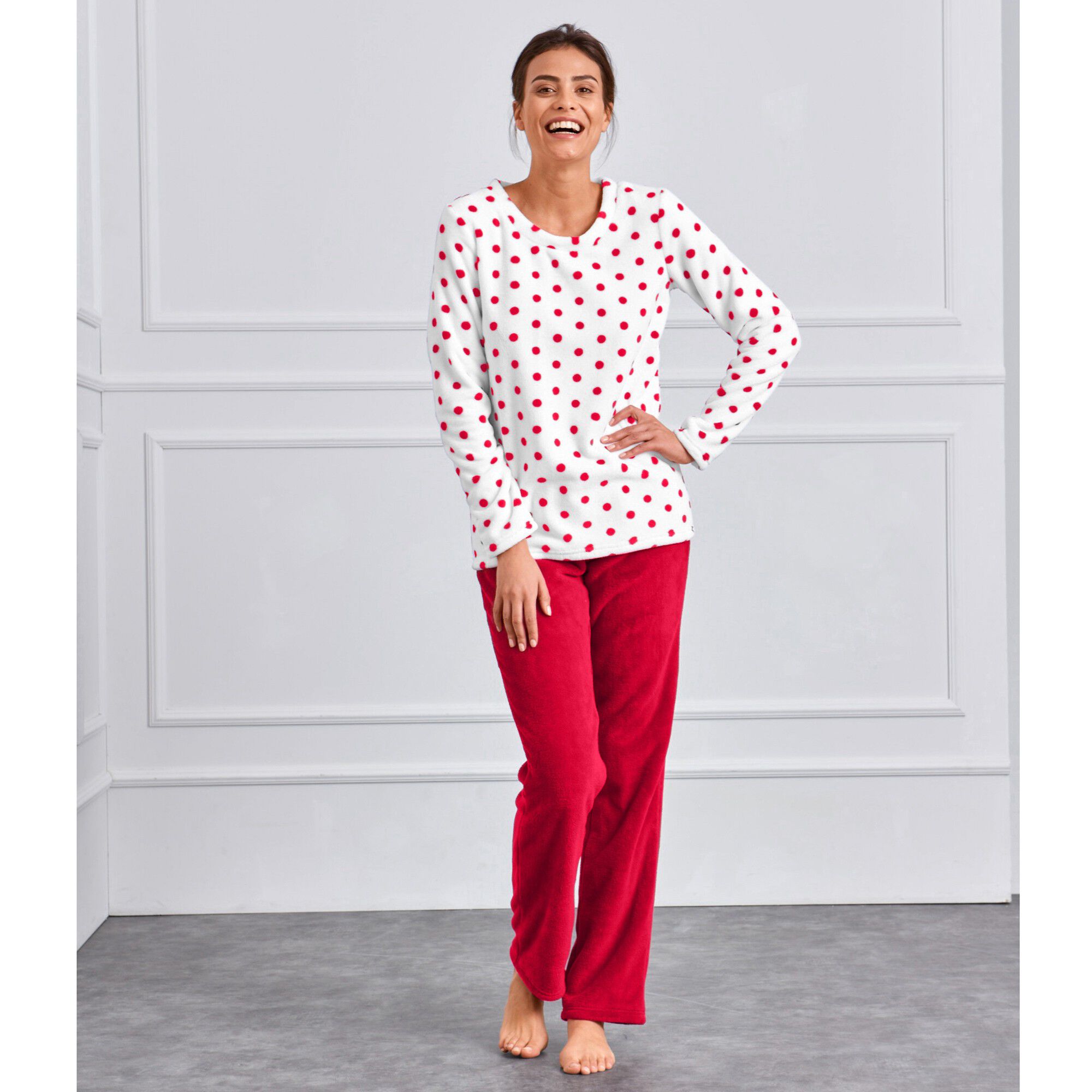 Pyjama polaire imprimé pois toucher peluche manches longues