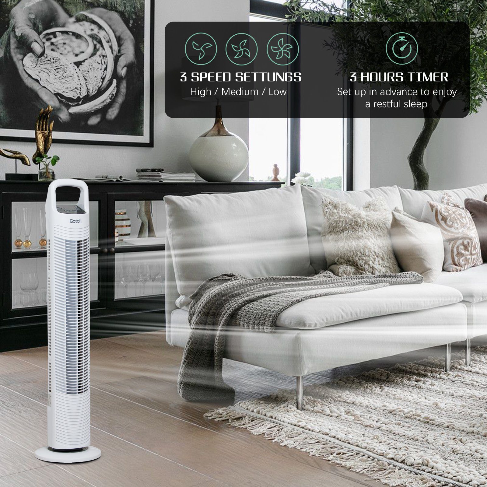 Gotoll Turmventilator GL302R, 81.3cm Säulenventilator mit Fernbedienung 70° Towerventilator Leise