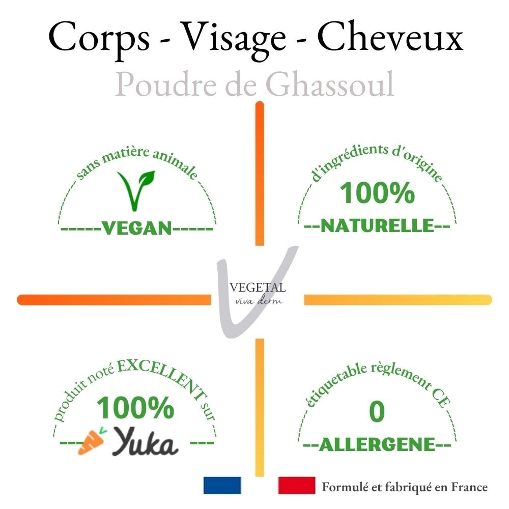 vegetal viva derm Ghassoul en poudre Masque Exfoliant Gommage doux visage, corps, cheveux