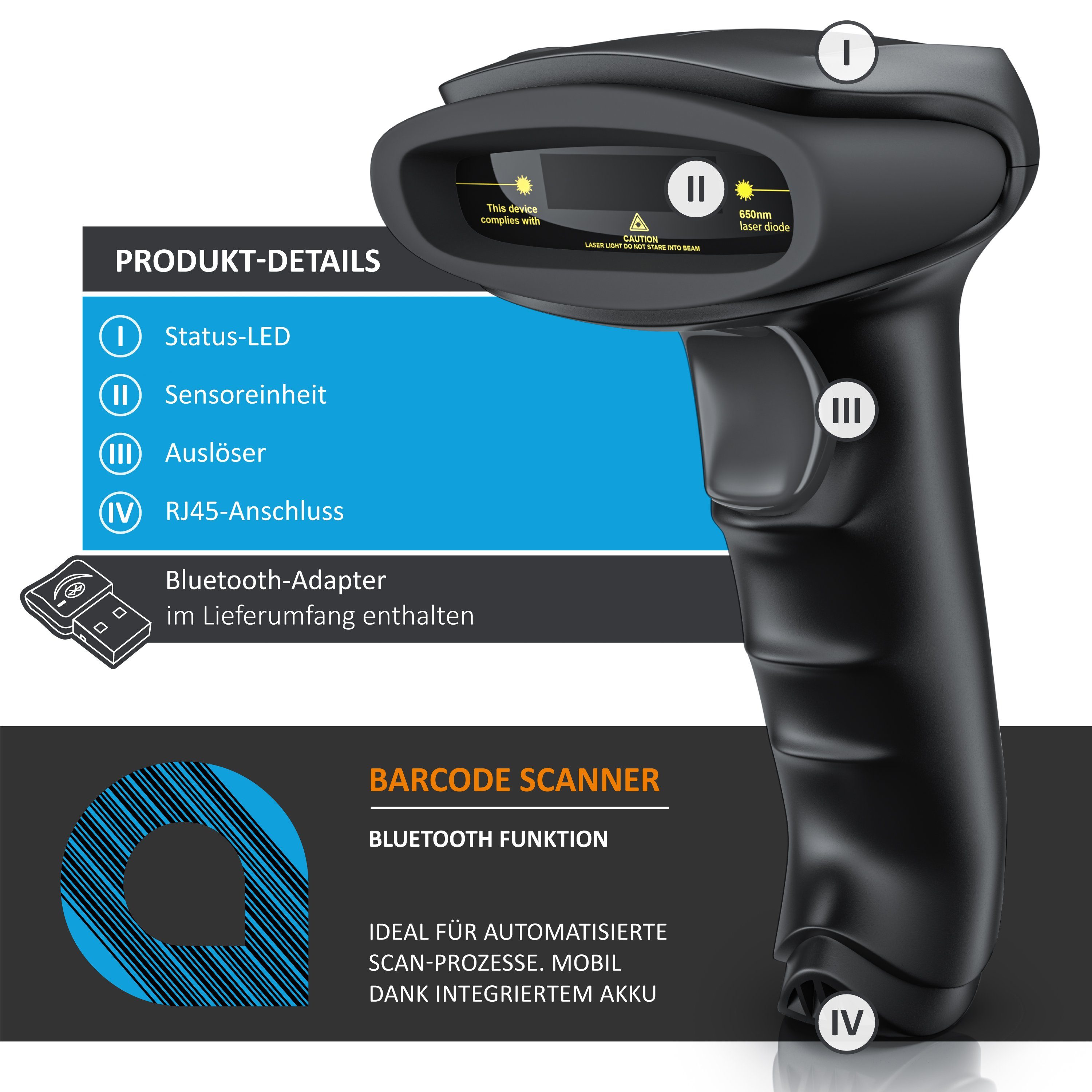 Aplic Handscanner, (Bluetooth Laser Barcodescanner, Wireless Handheld Scanner, IP54)