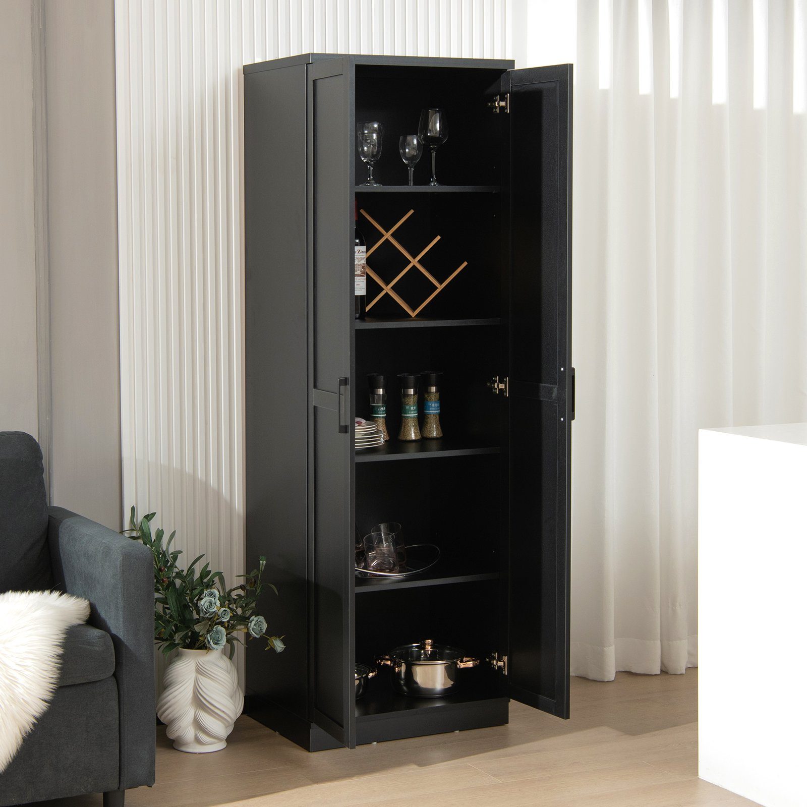 COSTWAY Küchenbuffet Küchenschrank hoch, mit Türen & Regalen, 59x43,5x178cm