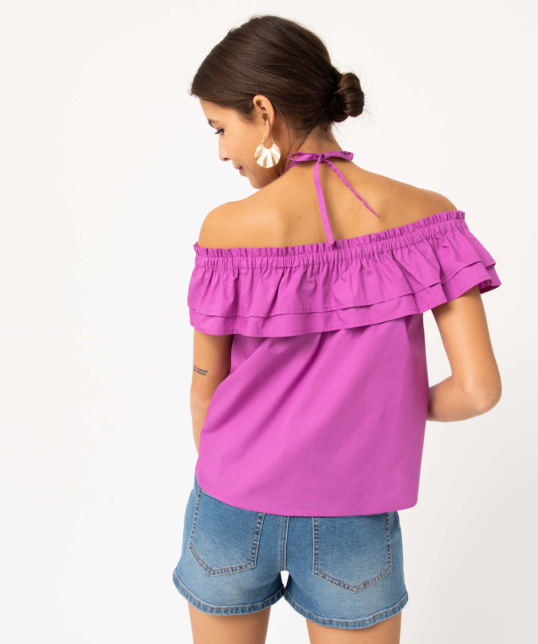 Blouse femme col Bardot à volants et liens fantaisie violet | GEMO
