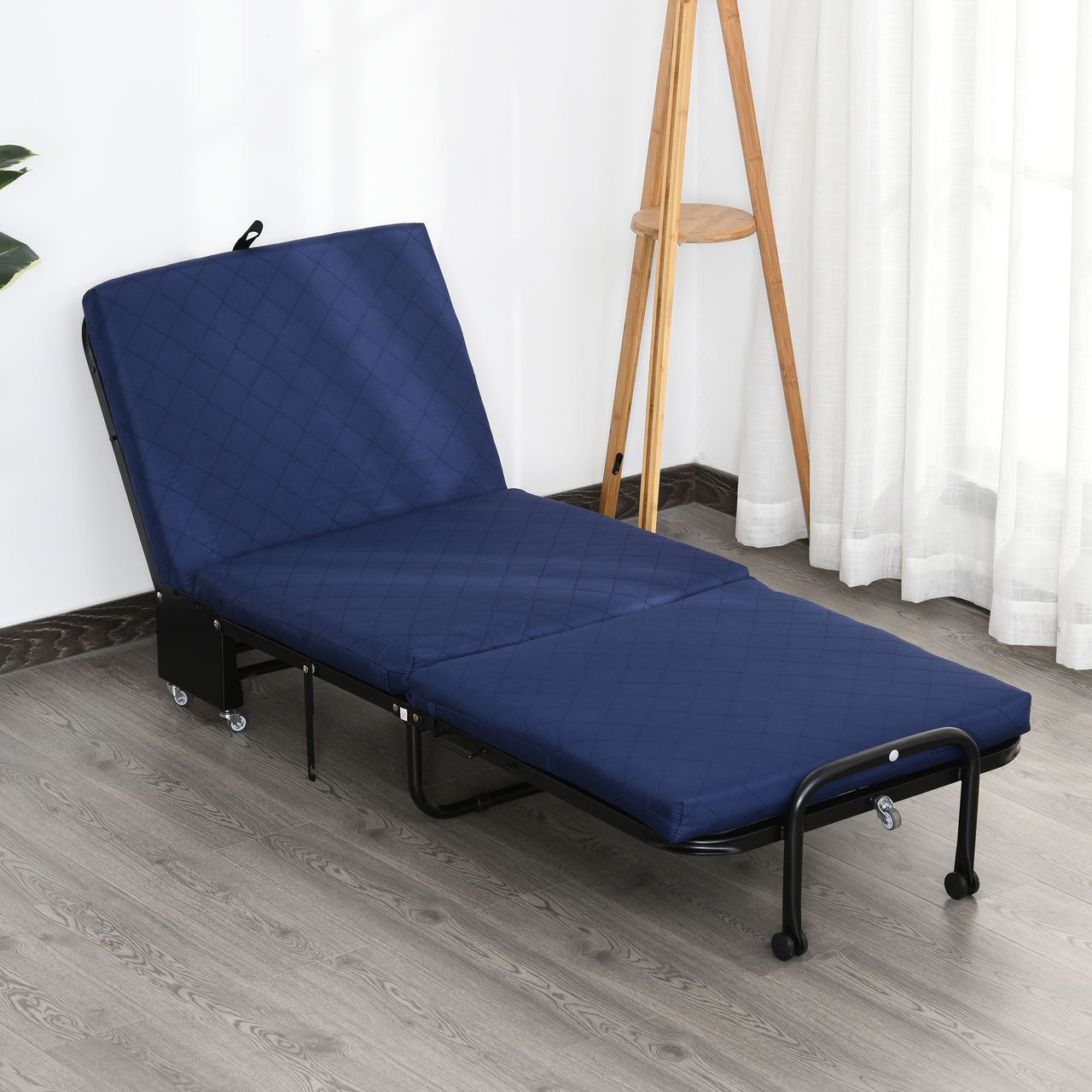 HOMCOM Gästebett klappbar, 2-in-1 Klappbett mit Rollen, Verstellbare Kopfteilhöhe, Stahl Schaumstoff, Blau, 184 x 65 x 26 cm