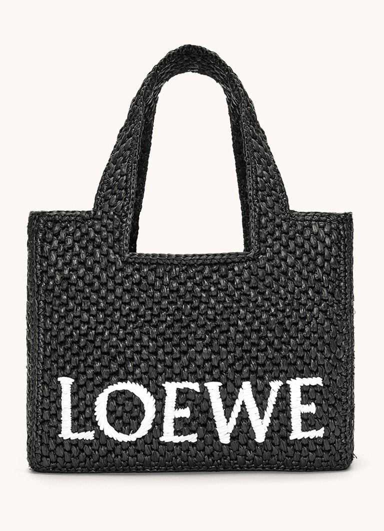 Mała torba typu tote LOEWE Font z rafii, z odpinanym paskiem na ramię.