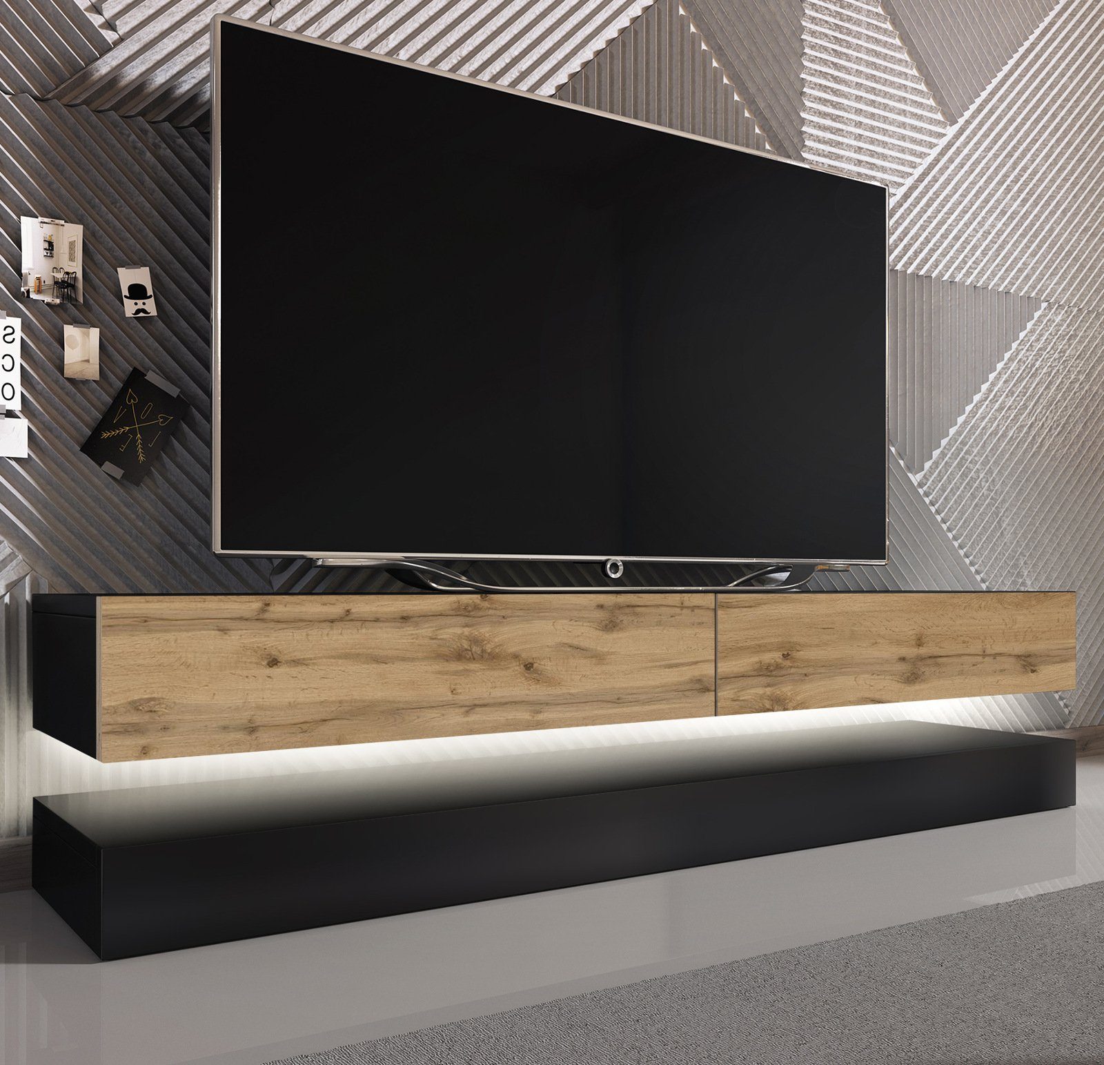 GuenstigEinrichten Lowboard Bird (TV-Board in schwarz und Wotan Eiche, Breite 140 cm), mit Stauraum, inklusive LED Beleuchtung