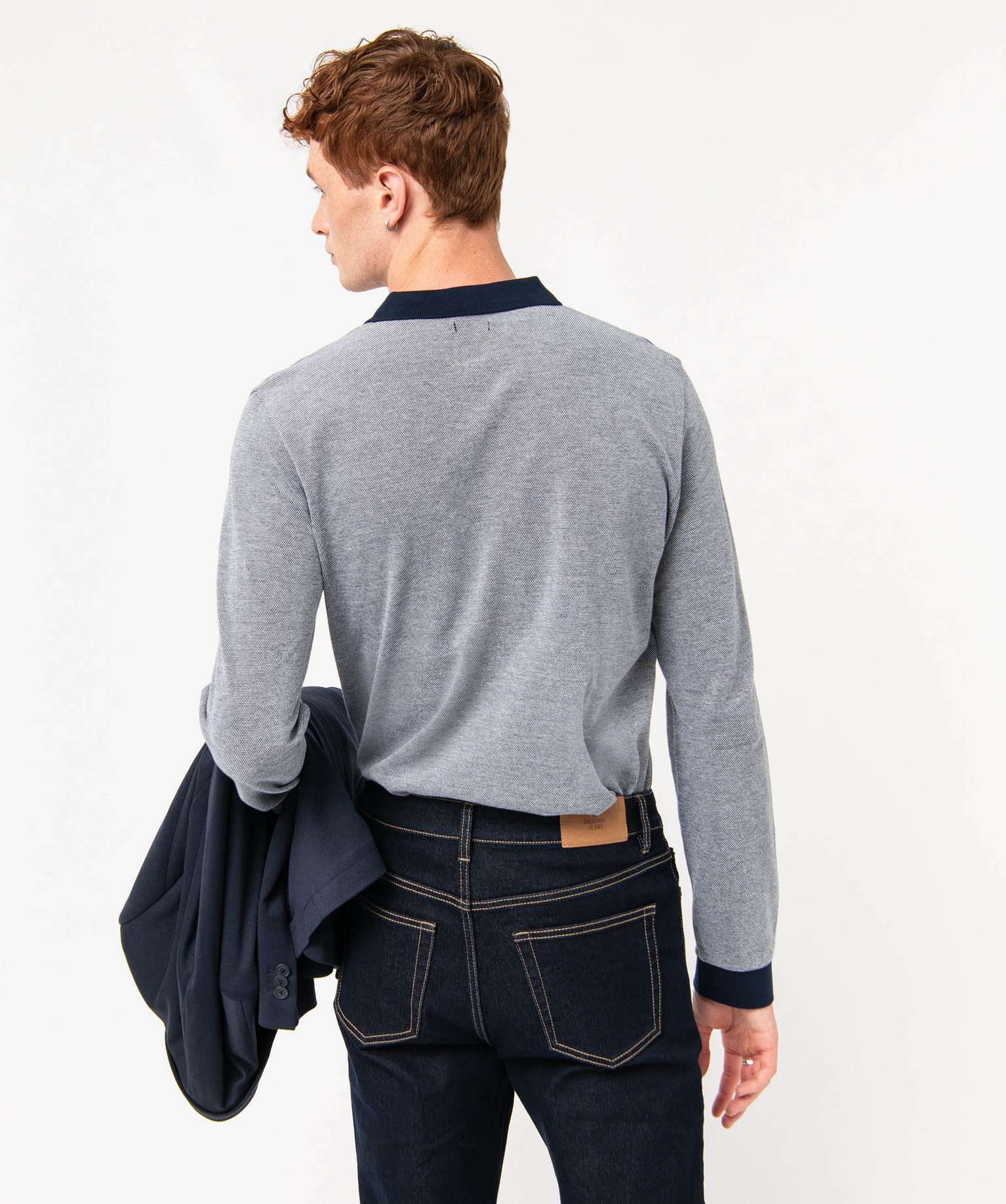 Polo à manches longues en maille piquée bicolore homme bleu fonce | GEMO