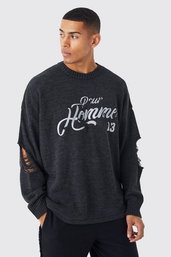 Zerrissener Oversize Pullover mit Homme-Applikation