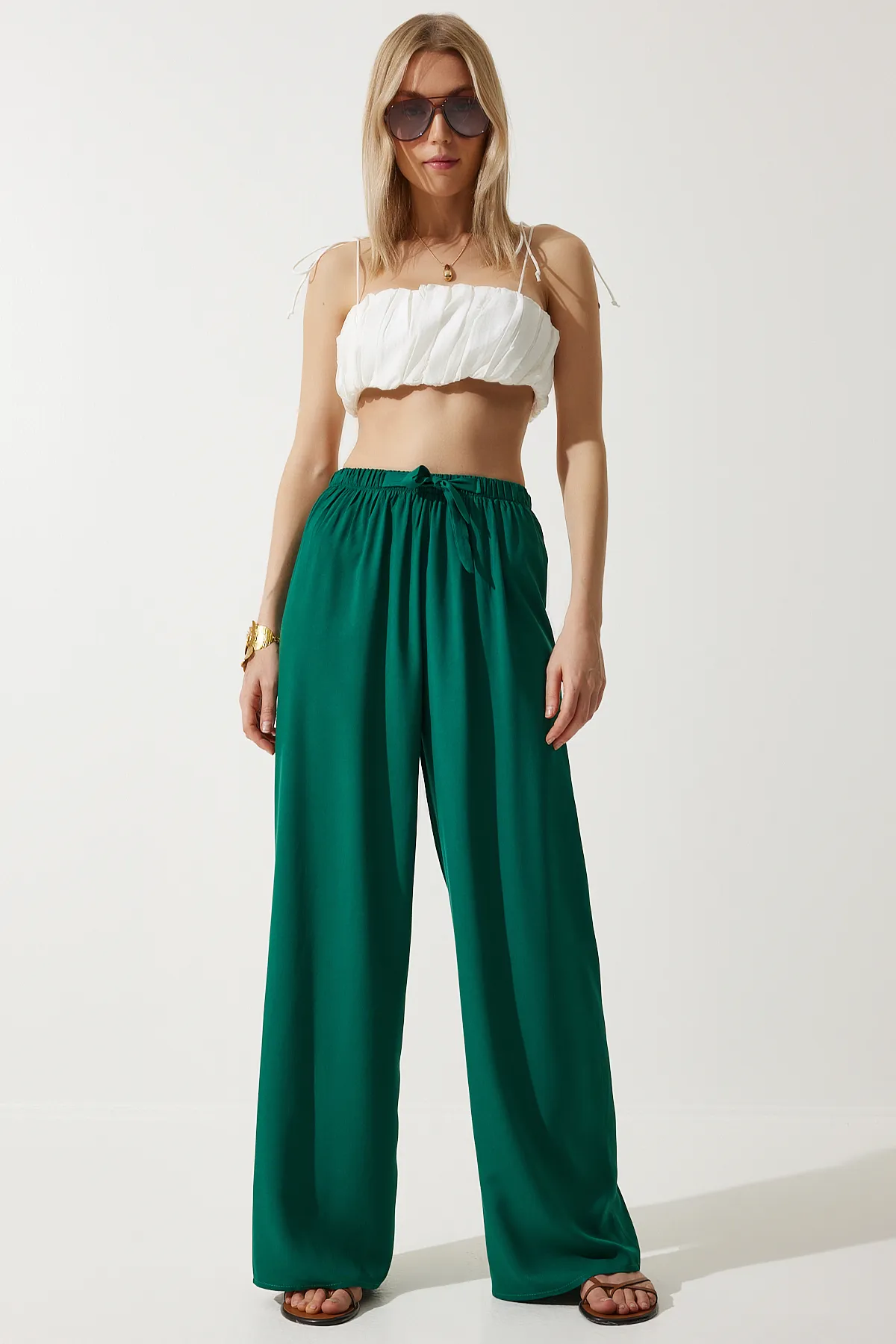 Happiness İstanbul  Dunkelgrüne Palazzo-Hose aus Viskose für Damen BH00322