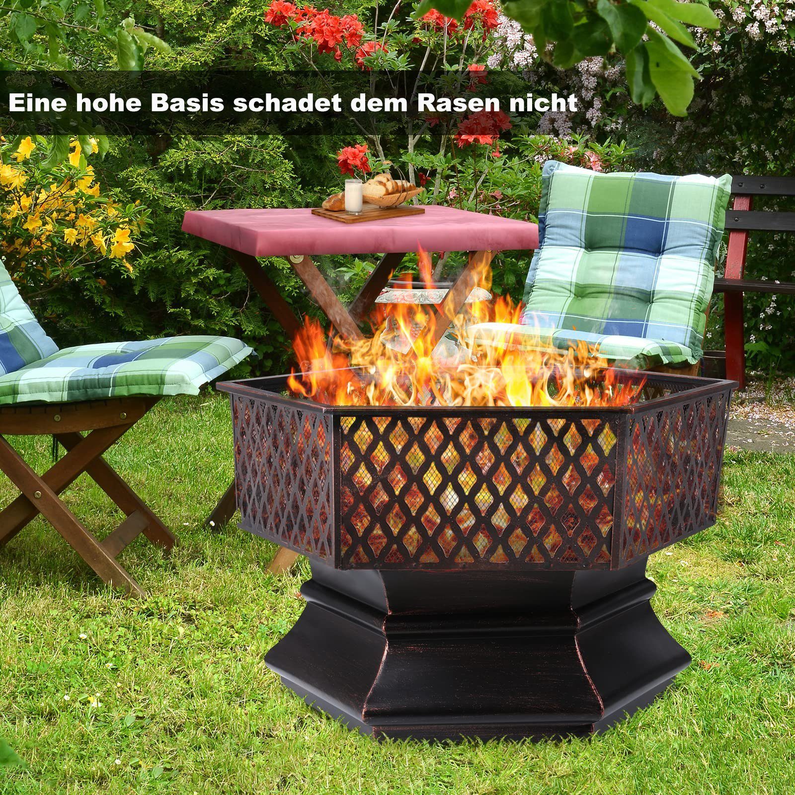 TLGREEN Feuerschale, Sechseckige Feuerstelle mit Grillrost, Feuerschalen für den Garten
