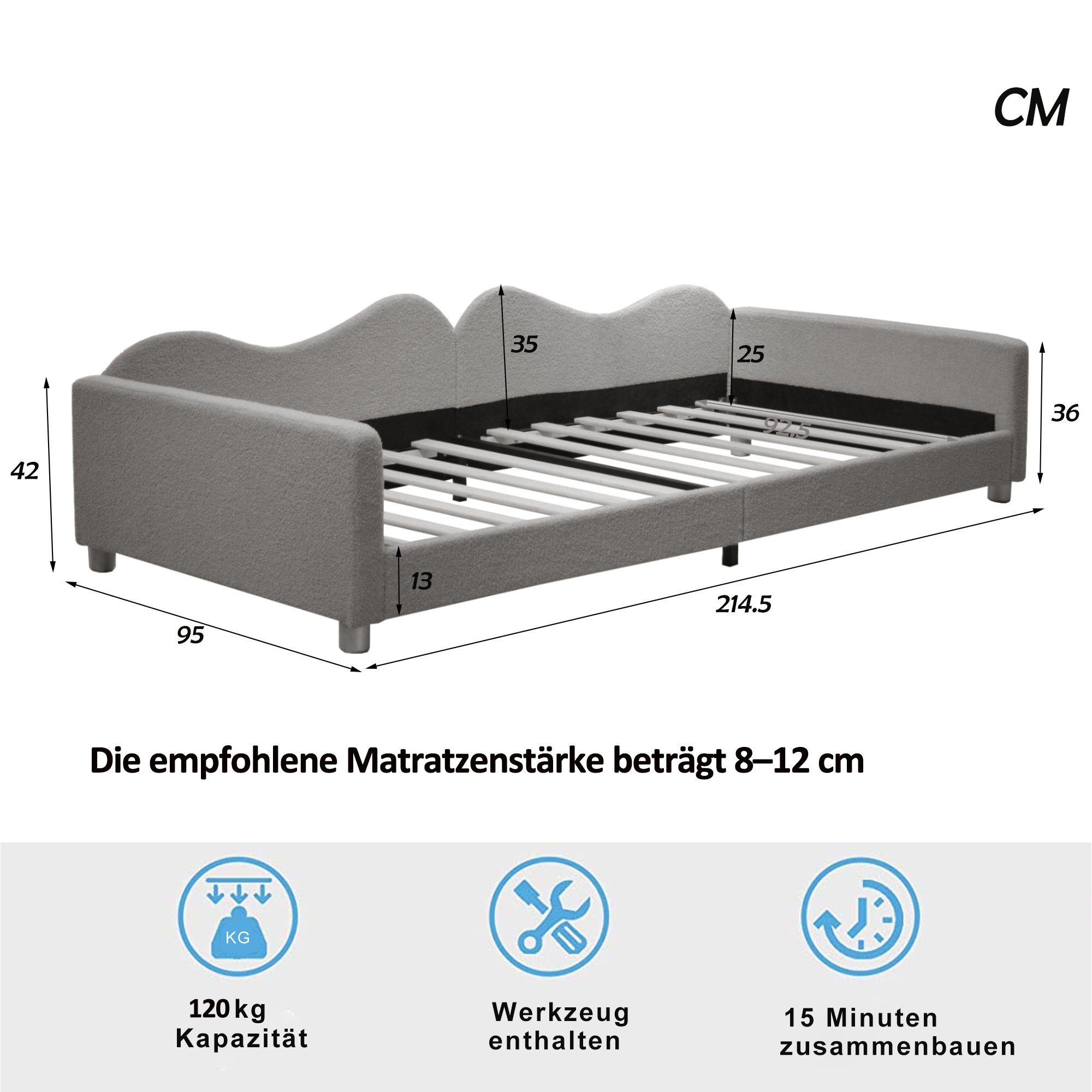 WISHDOR Kinderbett Polsterbett, Schlafsofa Gästebett, mit Rückenlehne und Armlehnen (Bettgestell Teddystoff Multifunktionales weiches Bett 90x200 cm), ohne Matratze