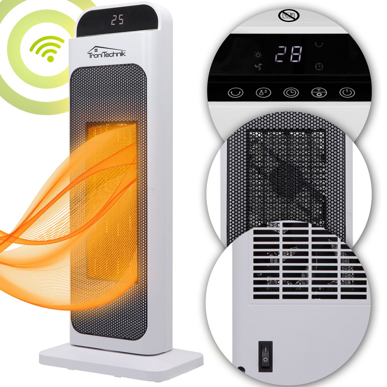 TroniTechnik Turm-Keramik-Heizer 2000 Watt WIFI / APP, Heizlüfter,Fernbedienung,Oszillation,LCD