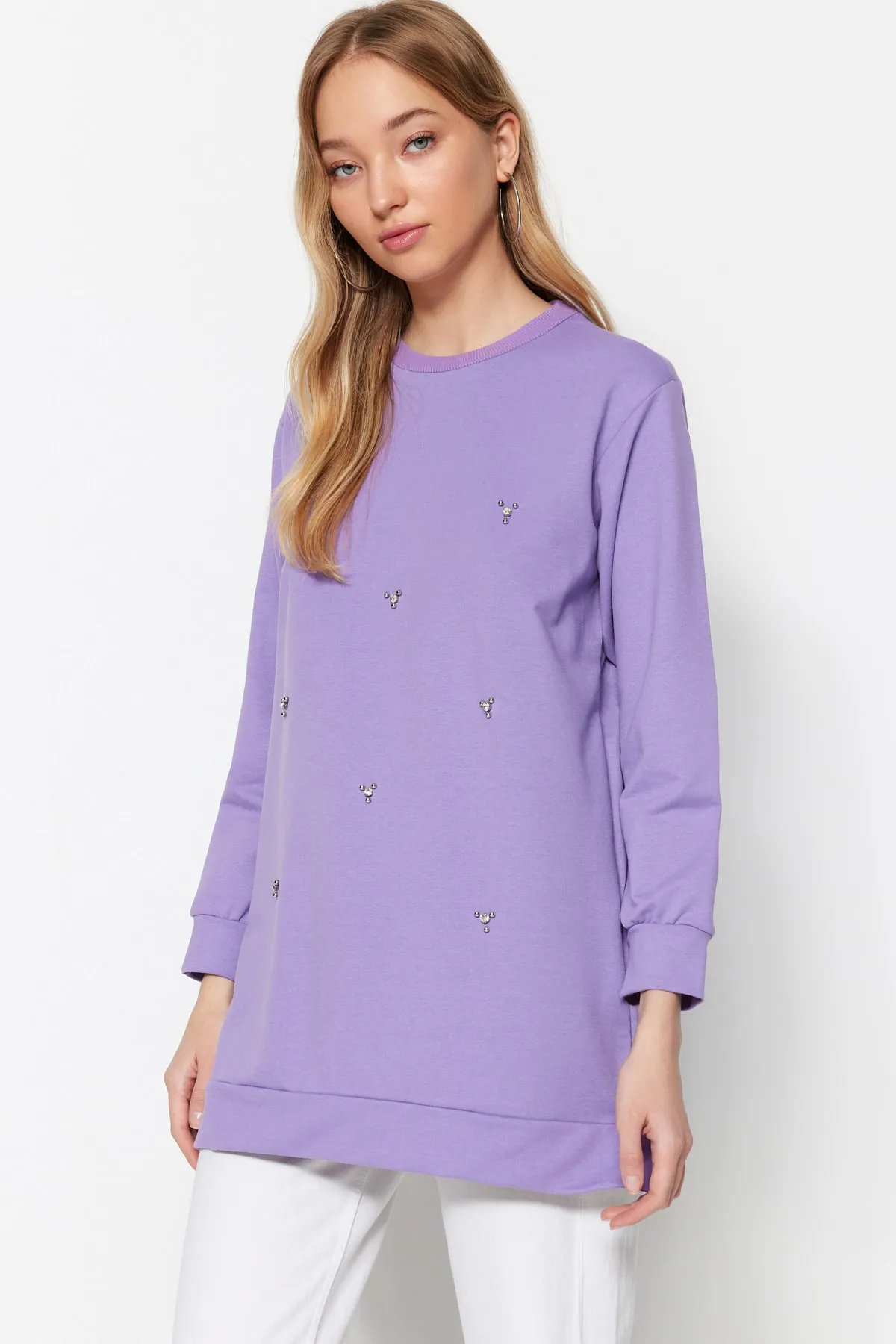 Trendyol Modest  Lila Stricktunika mit Rundhalsausschnitt und Steindetail TCTSS22TN0072