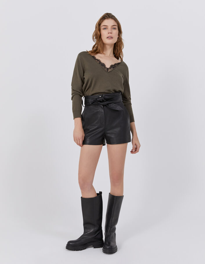 Pull kaki encolure devant dos en dentelle femme