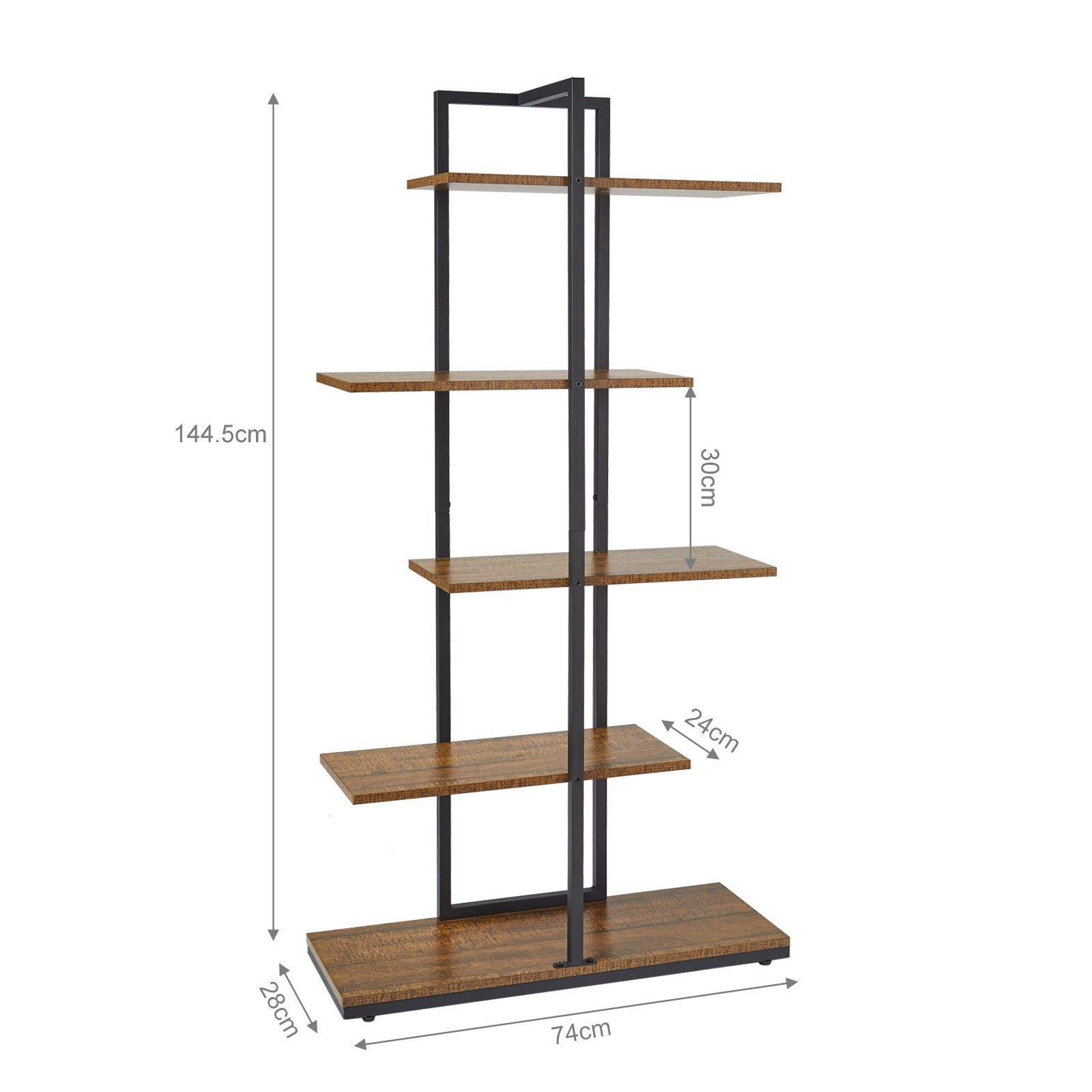 Mondeer Bücherregal Standregal, 5 lagiges asymmetrisches Split-Level Lagerregal, 74x28x144.5cm, Braun