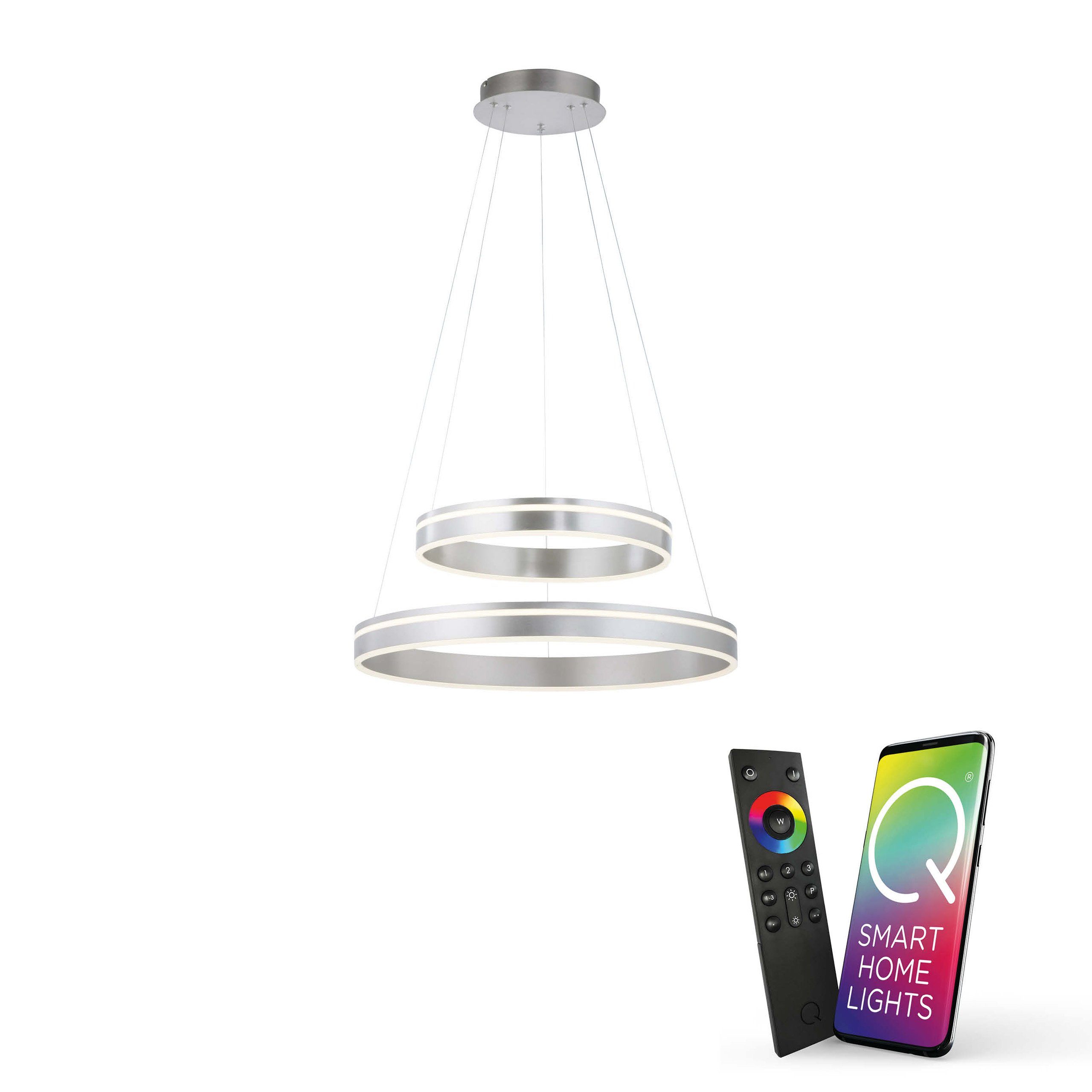 Paul Neuhaus Smarte LED-Leuchte LED Pendellampe Smart Home Q VITO, Smart Home, RGB+W-Farbregelung, Dimmfunktion, Memoryfunktion, mit Leuchtmittel, messing matt rund doppel Ring Fernbedienung
