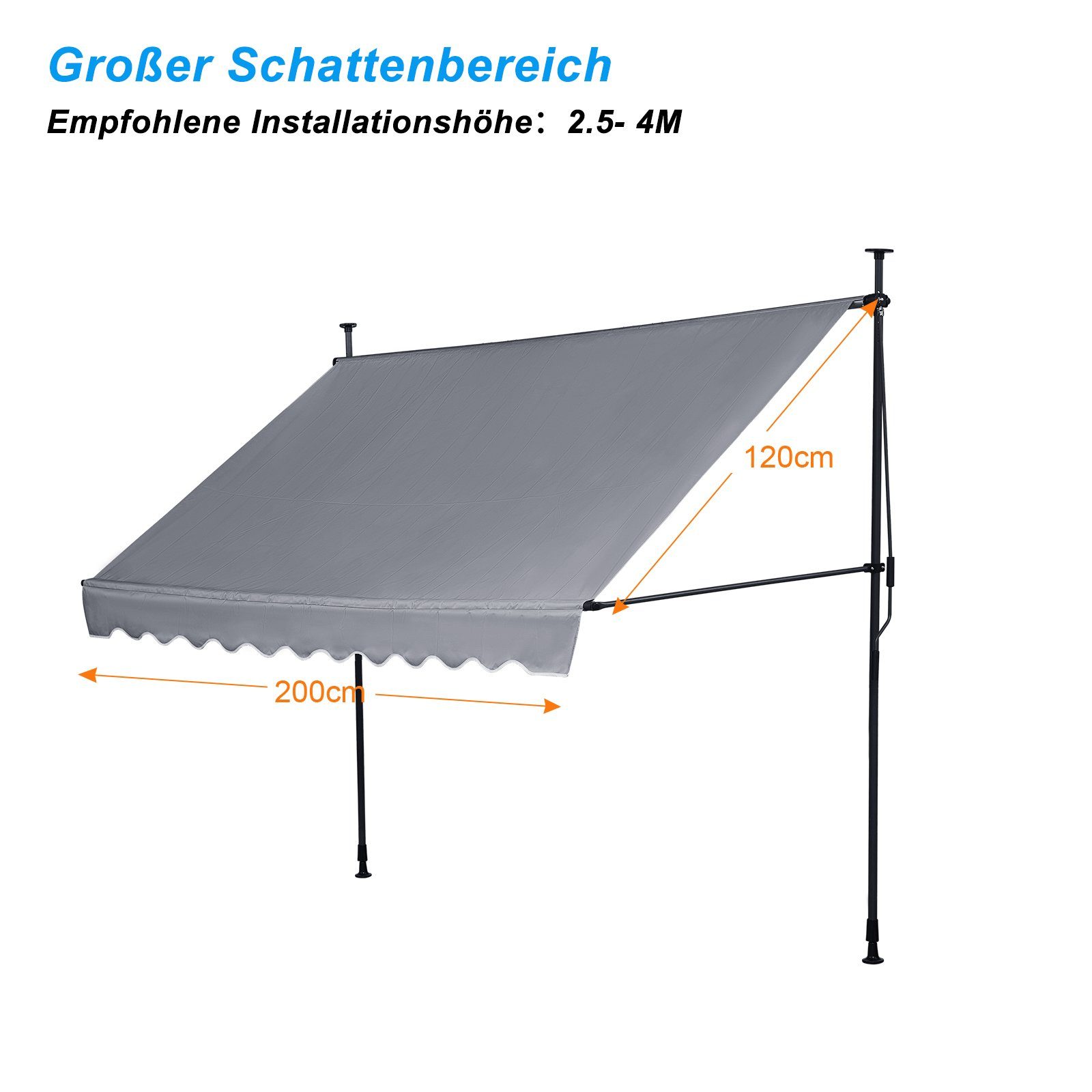 LEMROE Klemmmarkise 200-300cm Balkon Sonnenschutz mit Handkurbel