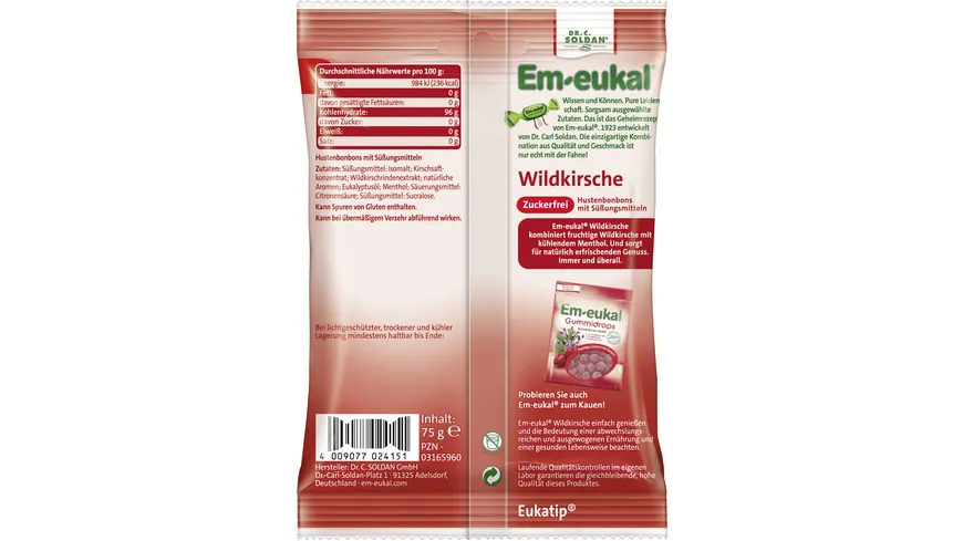 Em-eukal Wildkirsche Hustenbonbon zuckerfrei 75 g