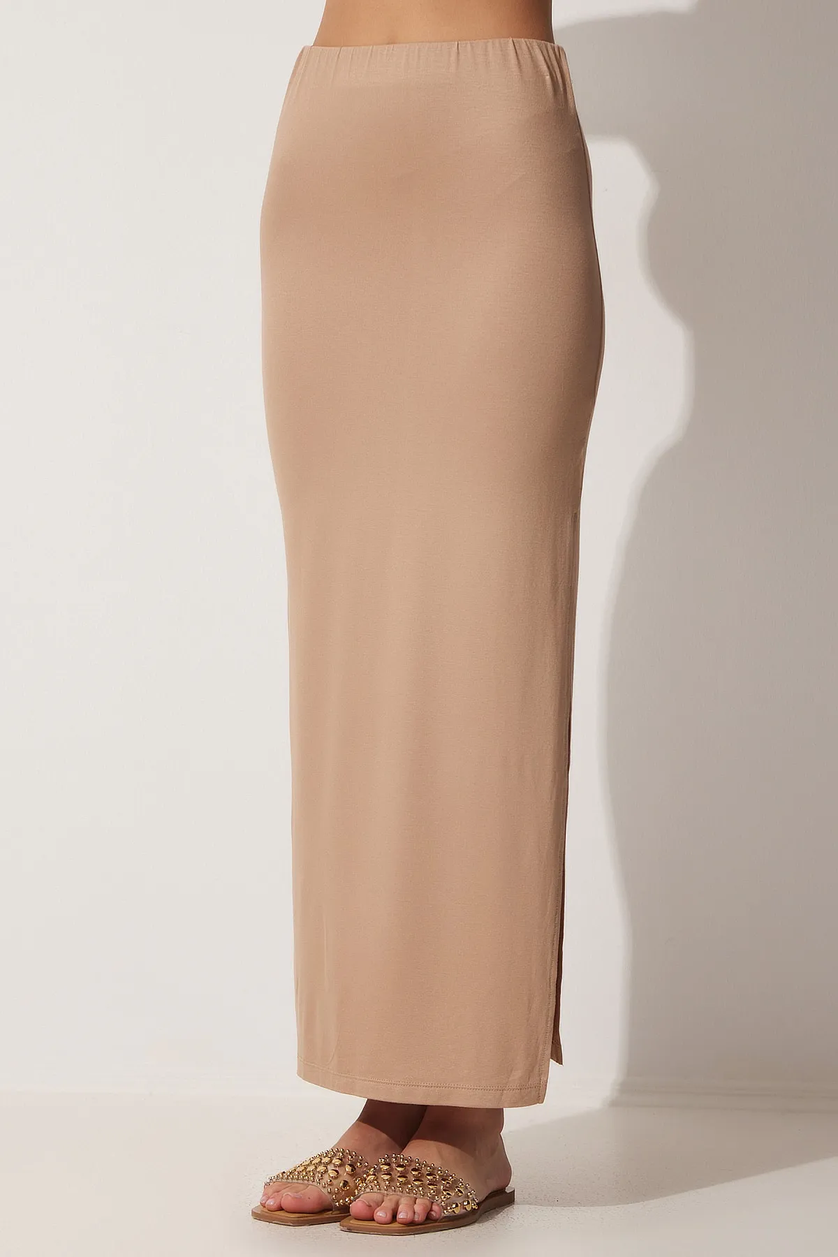 Happiness İstanbul  Damen Biscuit Slit Wrap Midi Viskose Strickrock UB00072