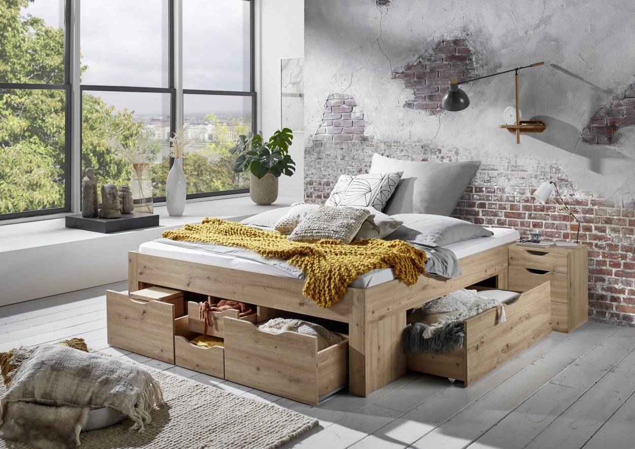 Relita Stauraumbett Noah 180 x 200 cm, mit Rolllattenrost mit 6 Bettschubladen, Ausf. Eiche Artisan Dekor
