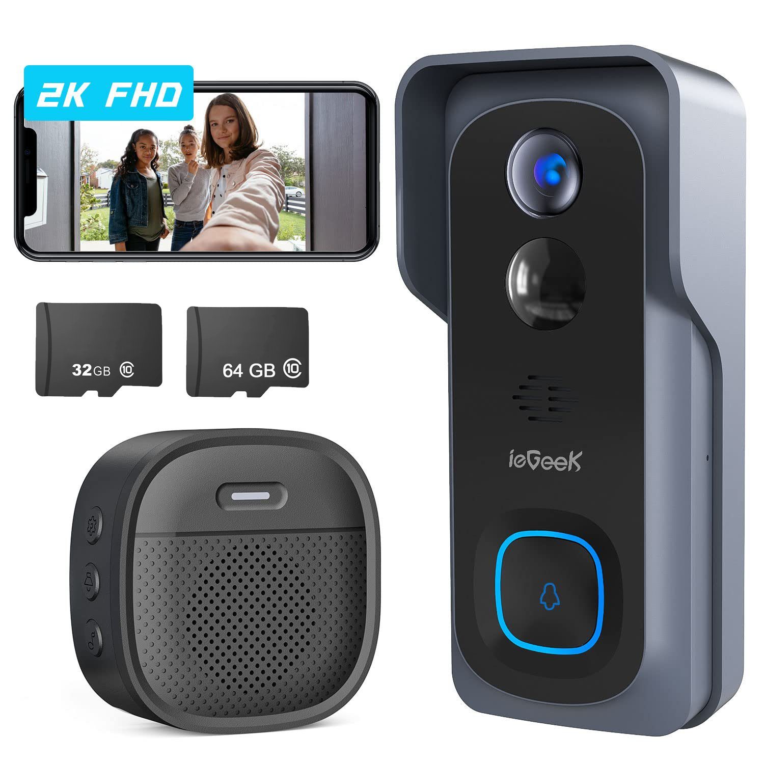 ieGeek Türklingel 2K Video-Türklingel mit Chime,Kabellos Smart Home klingel & SD-Karte (2,4-GHz-WLAN Intelligente Türklingelkamera mit PIR Bewegungserkennung, 2-Wege-Audio,24/7-Daueraufzeichnung,Echtzeit-Benachrichtigung), Menschliche Erkennung,Cloud