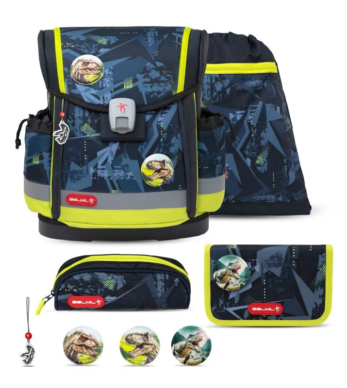 Belmil Classy Plus Schulranzen Set 5-teilig mit Brustgurt - T-Rex Lime