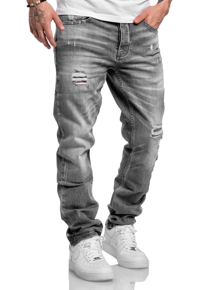 Amaci&Sons Regular Fit Destroyed Jeans KANSAS in Grau (Patches) günstig kaufen