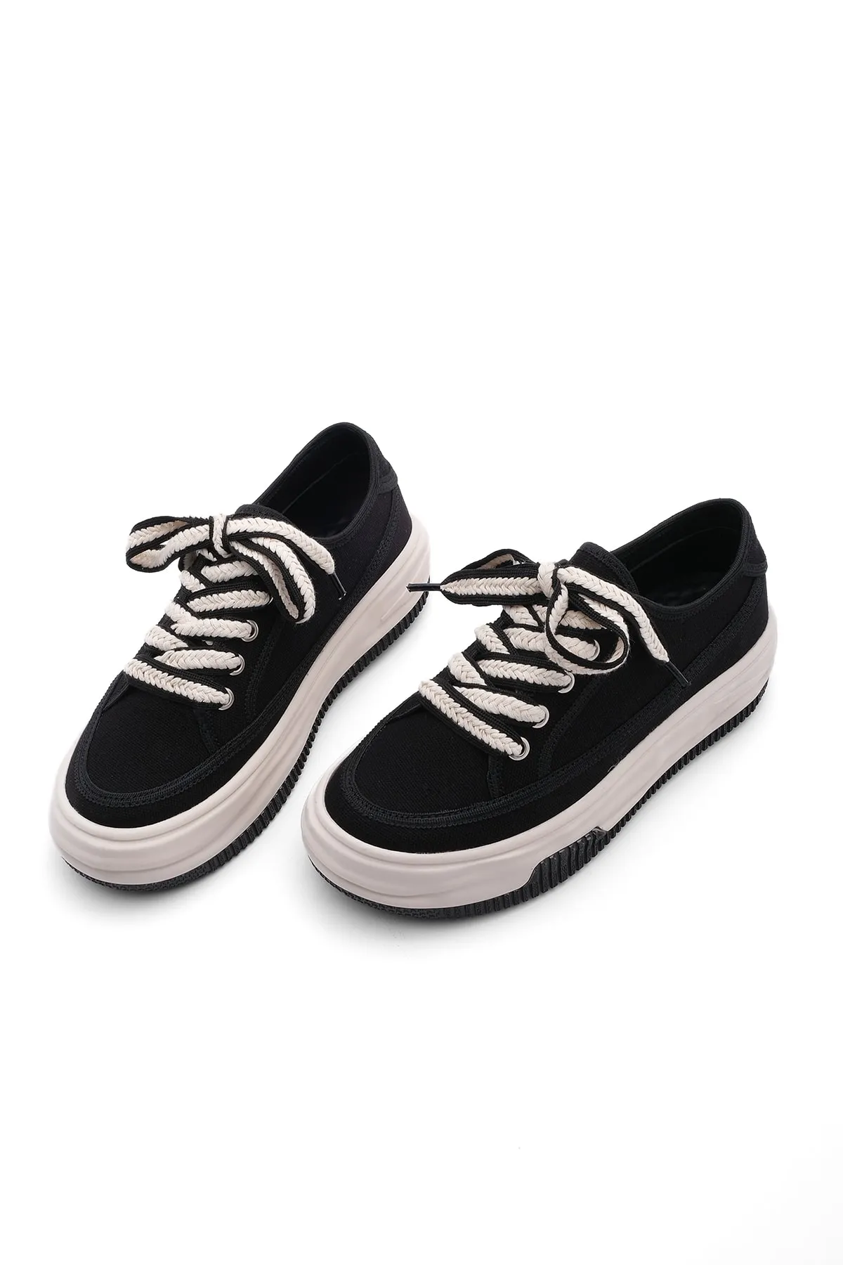 Marjin  Damen Sneaker Hohe Sohle Schnürschuh Stoff Sportschuhe Kotnel schwarz