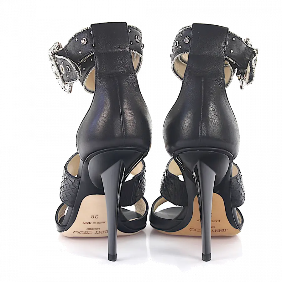 Jimmy Choo - Sandalen Kalbsleder Kristallverzierung Nieten Prägung schwarz - schwarz
