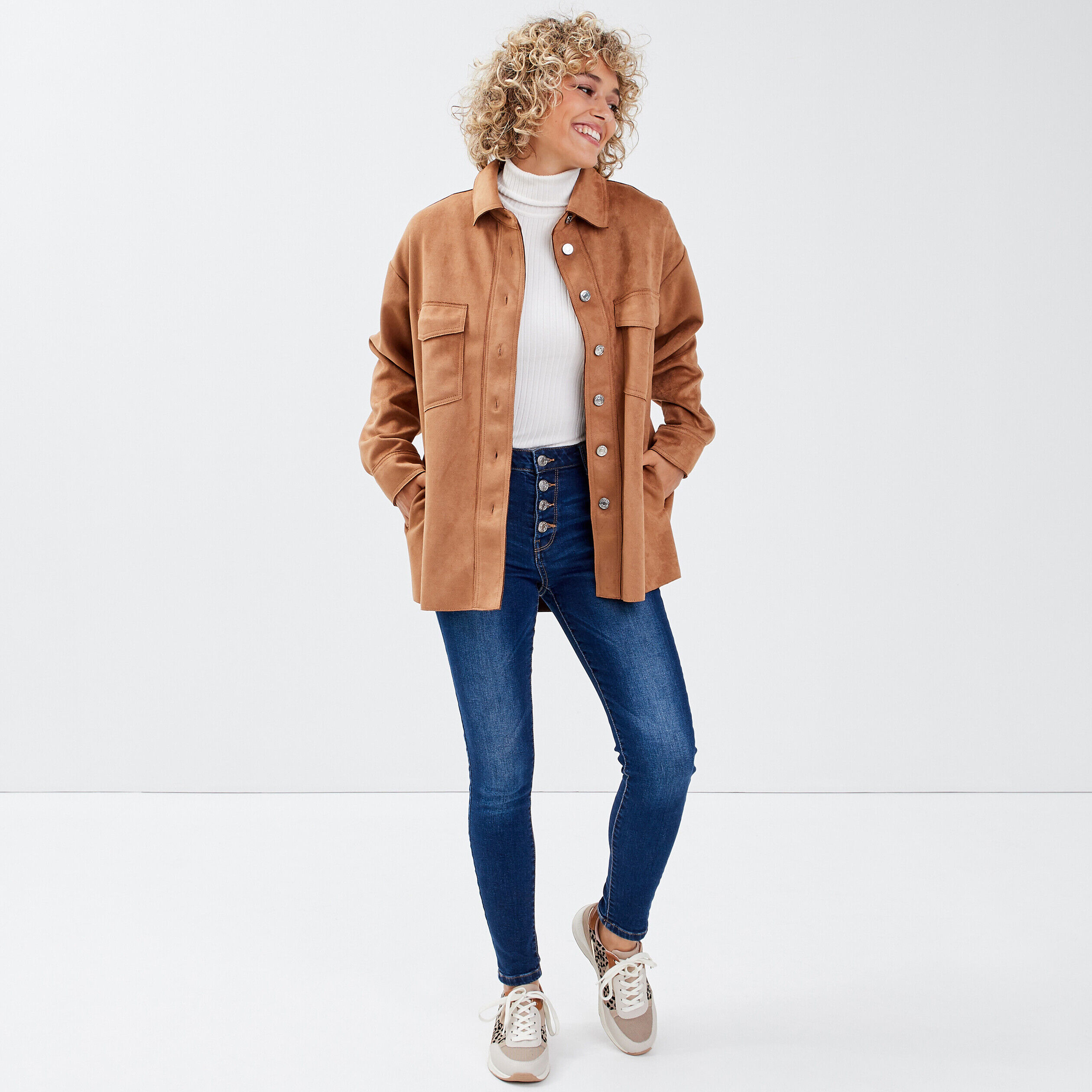 Veste droite boutonnée suédée camel femme | Cache Cache
