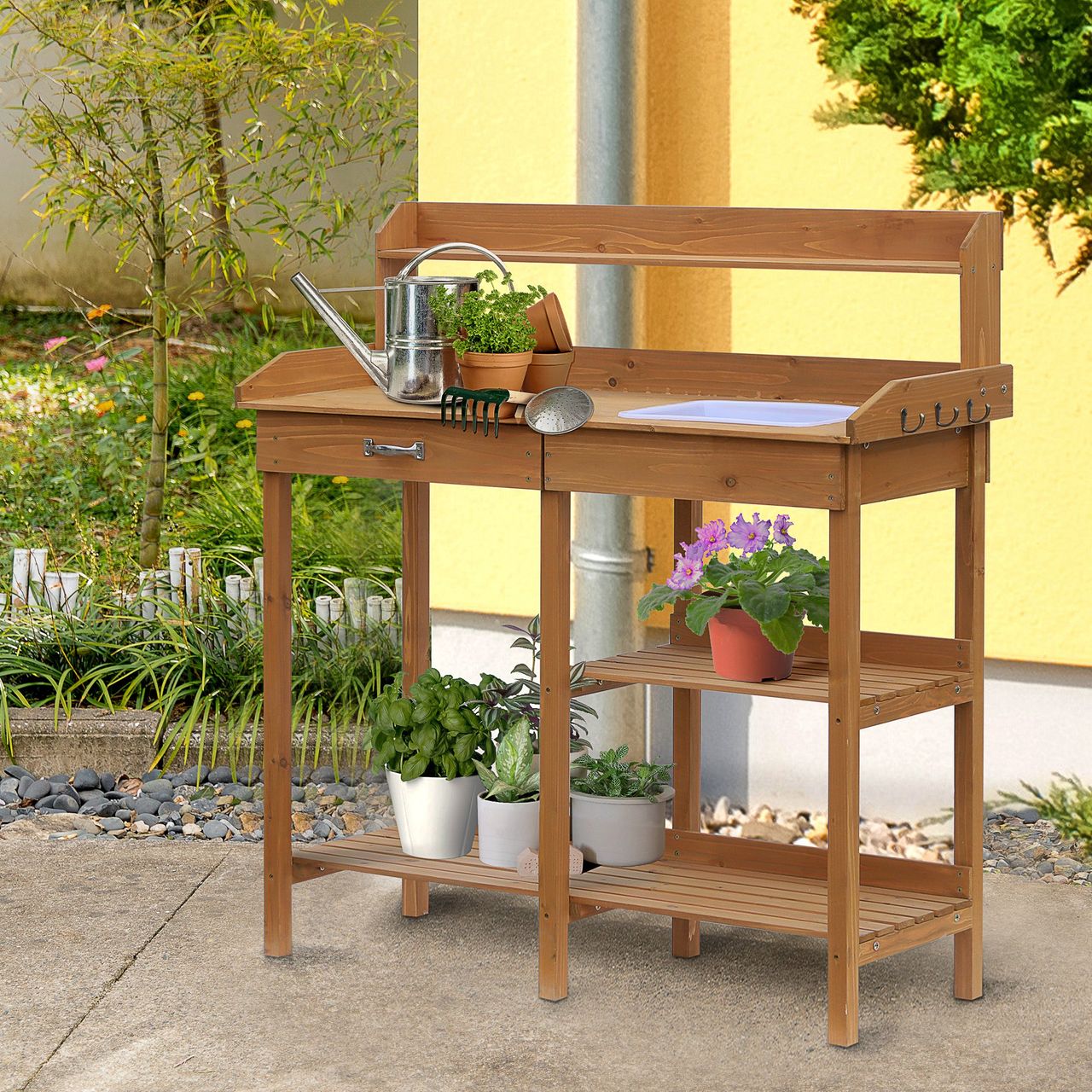 Outsunny Pflanztisch Gärtnertisch Blumentisch mit Wanne Garten Tannenholz Erle 117 x 45 x 121 cm