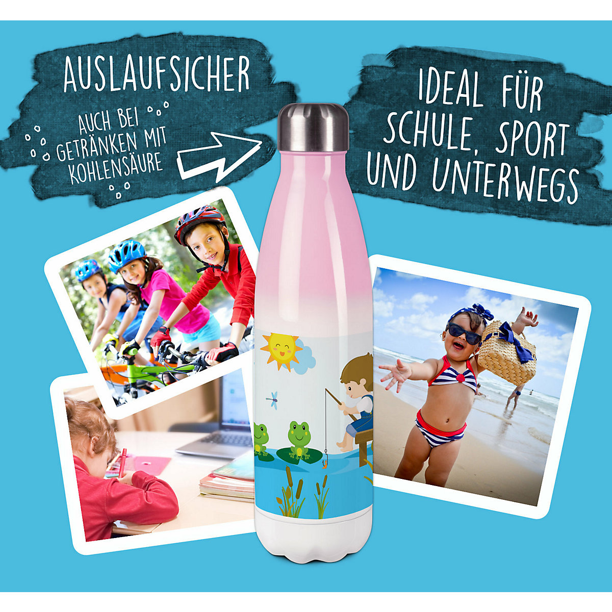 Edelstahl Kinder Thermoflasche / Trinkflasche bunt Froschteich Spülmaschinenfest, Auslaufsicher, Bruchfest, Doppelwandig, Für Heißgetränke geeignet, Mit Deckel, Isoliert