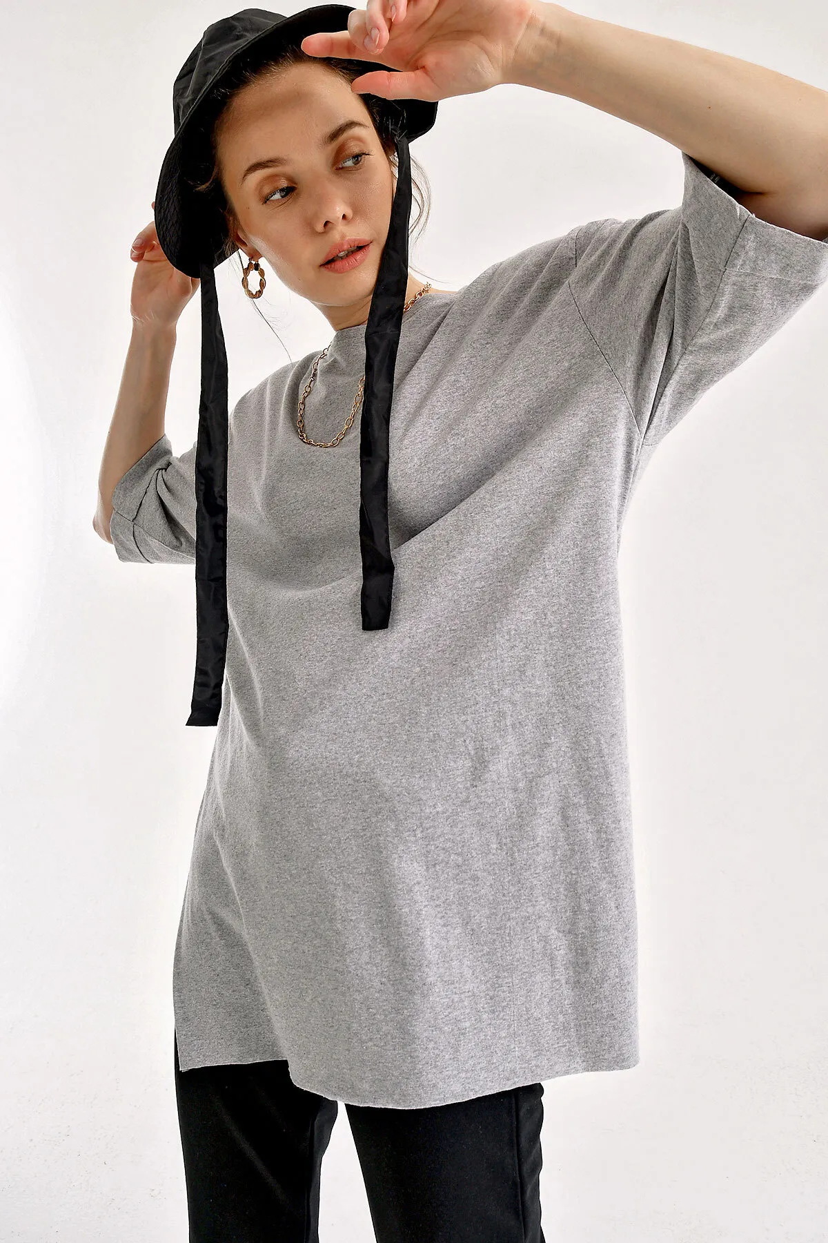 Bigdart  4123 Geschlitztes Oversize-T-Shirt – Grau