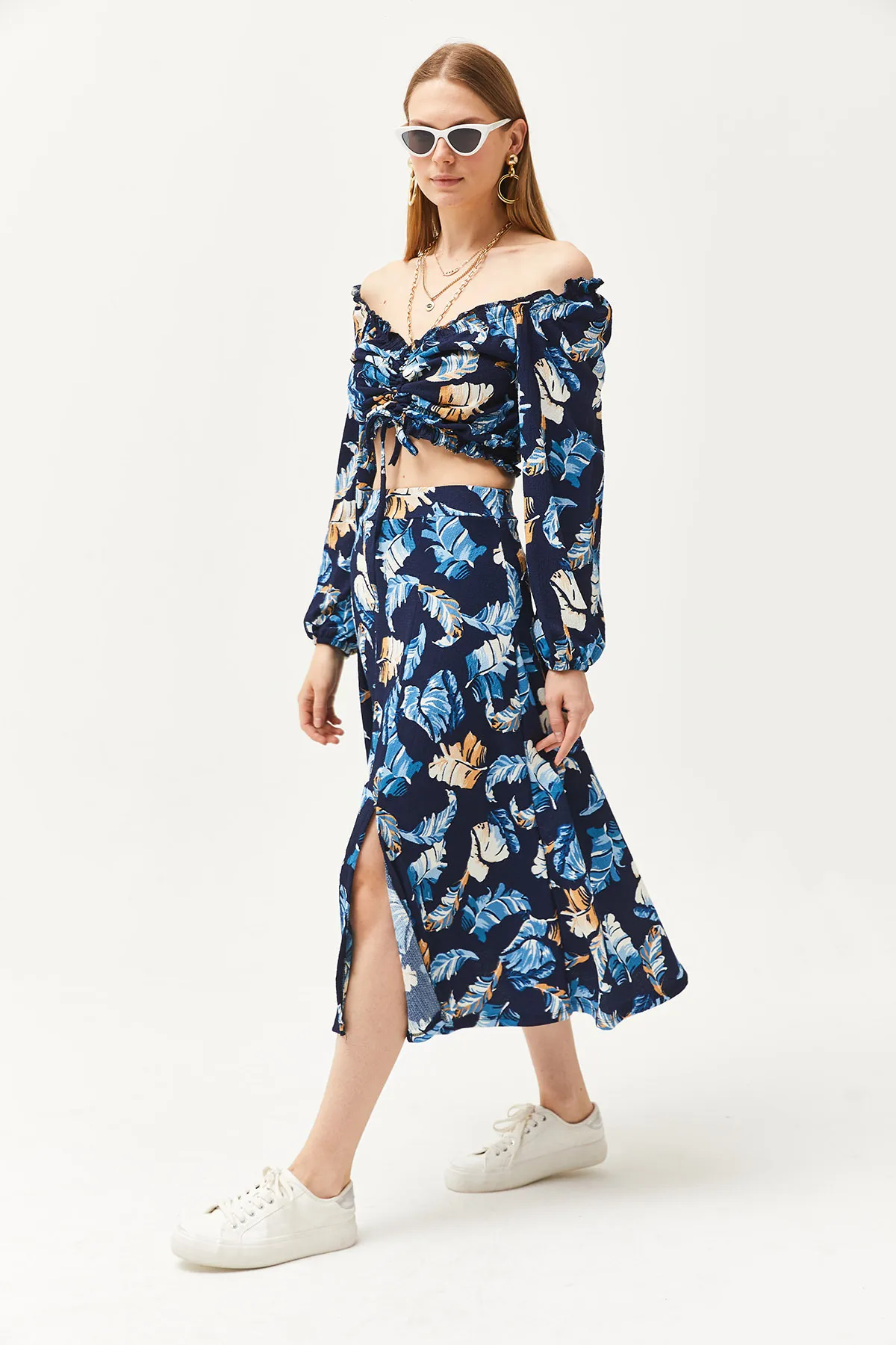Olalook  Marineblaues Damen-Set aus Oberteil, Bluse, Unterteil und Rock mit Schlitz, TKM-19000188