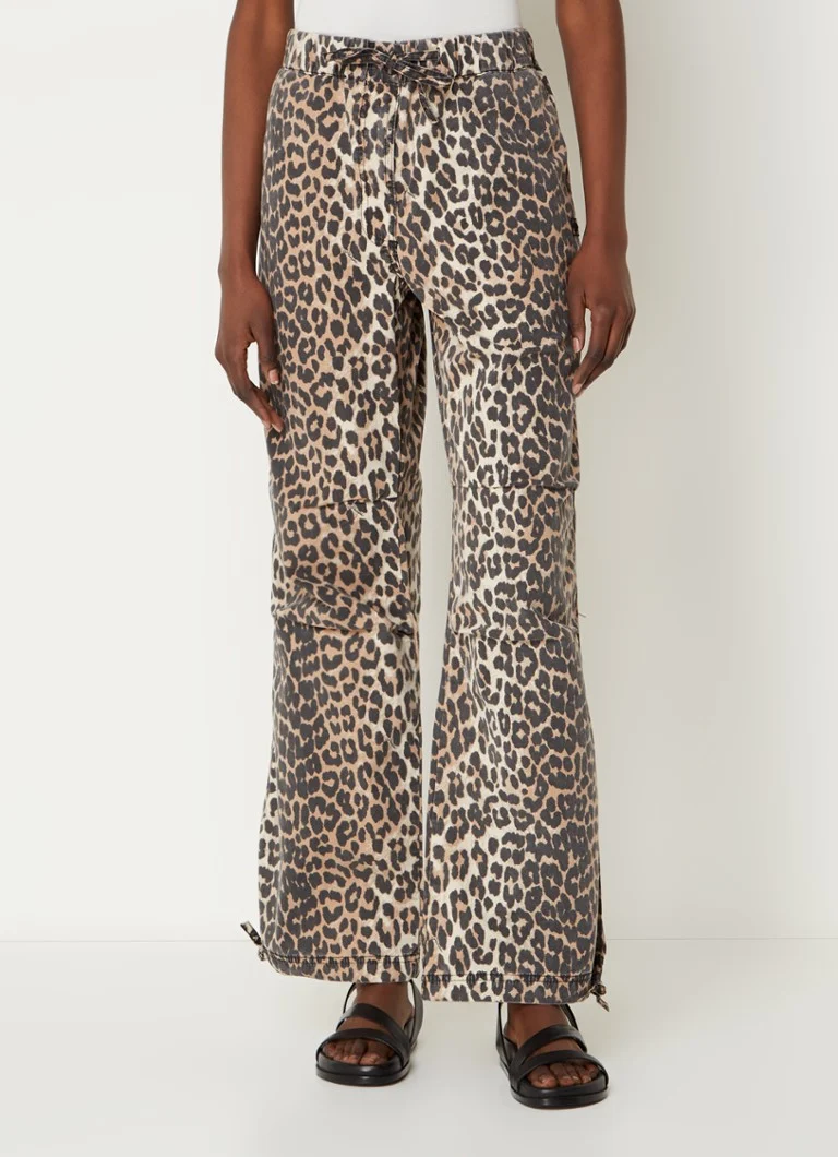 Pantaloni Ganni a vita alta e gamba larga in misto cotone biologico con stampa leopardata