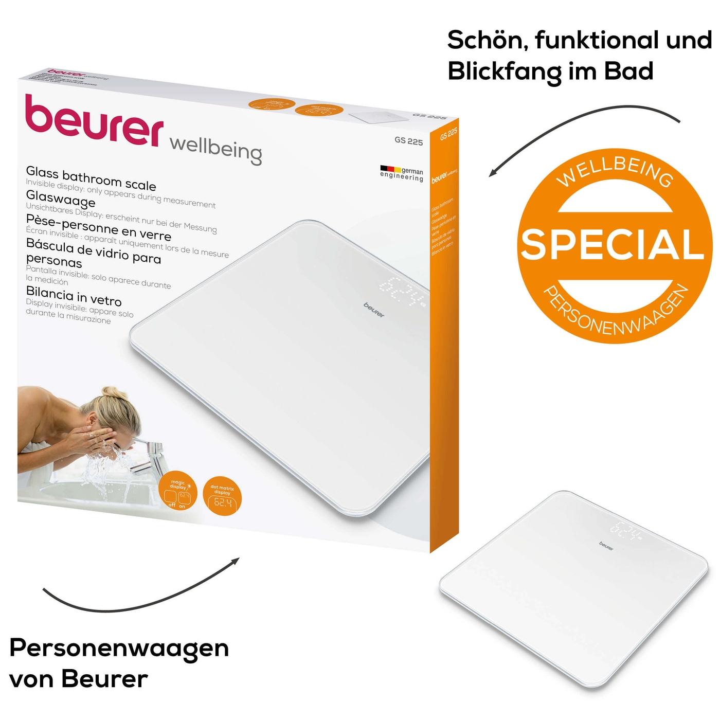 Beurer Glaswaage - GS 225-Personenwaage aus Glas mit unsichtbarem Magic-Display - bis 180 kg