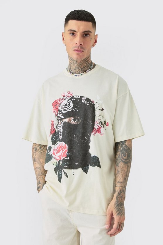 Tall florales Oversize T-Shirt mit Balaclava-Print