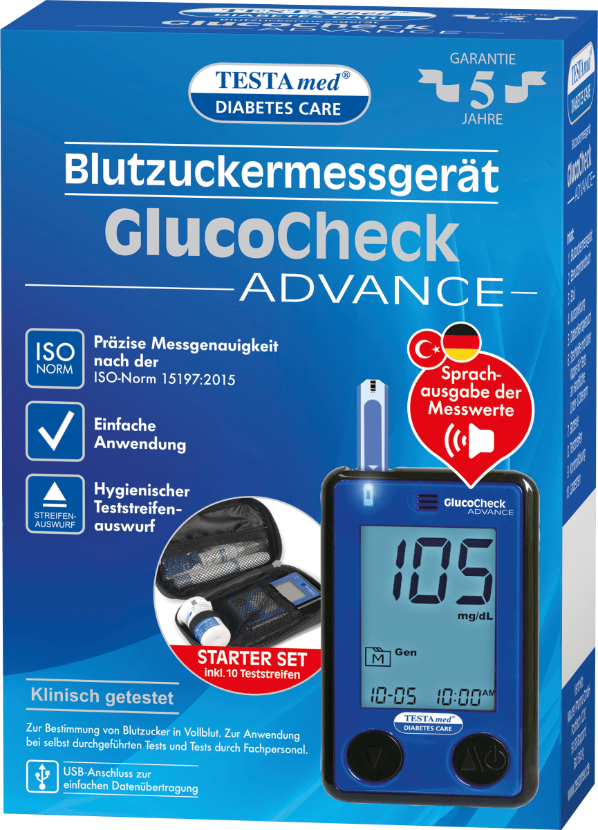 GlucoCheck ADVANCE Blutzuckermessgerät mit Sprachausgabe, 1 St