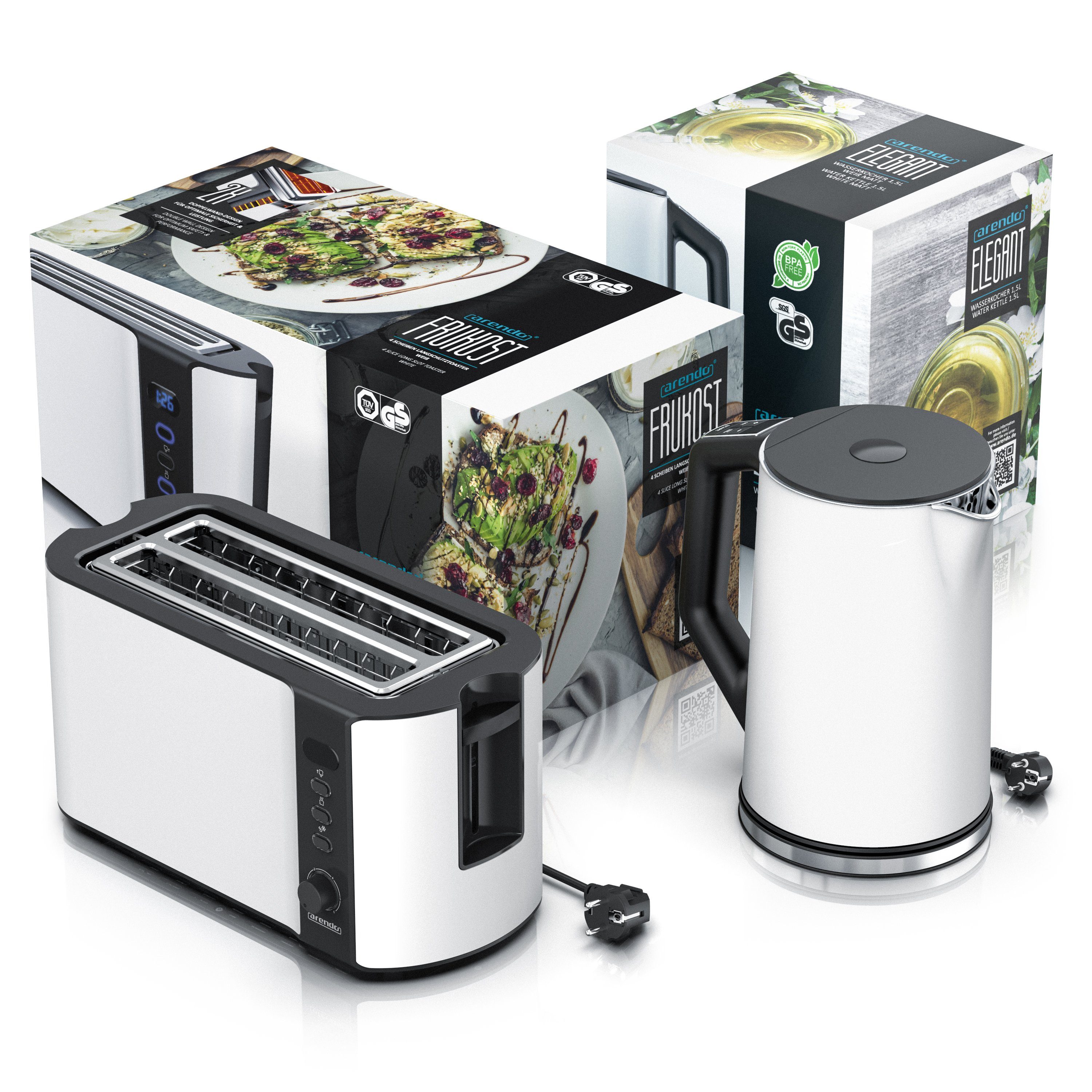 Arendo Frühstücks-Set (2-tlg), Edelstahl Wasserkocher 1,5l, 4-Scheiben Langschlitz Toaster, Weiß Matt