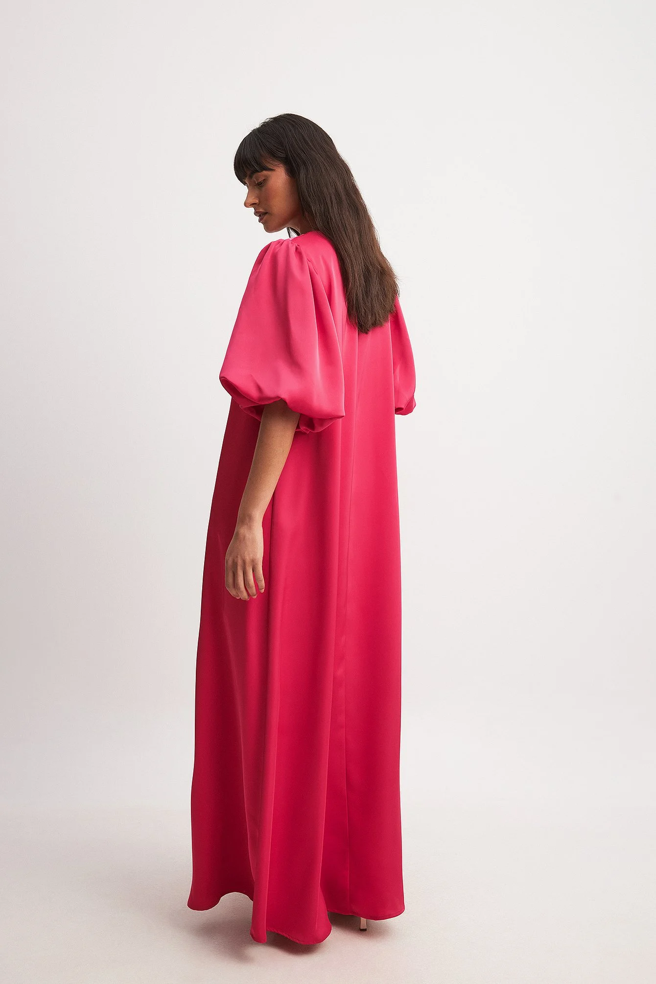 Deep Neck Puff Sleeve Satin Maxi Dress