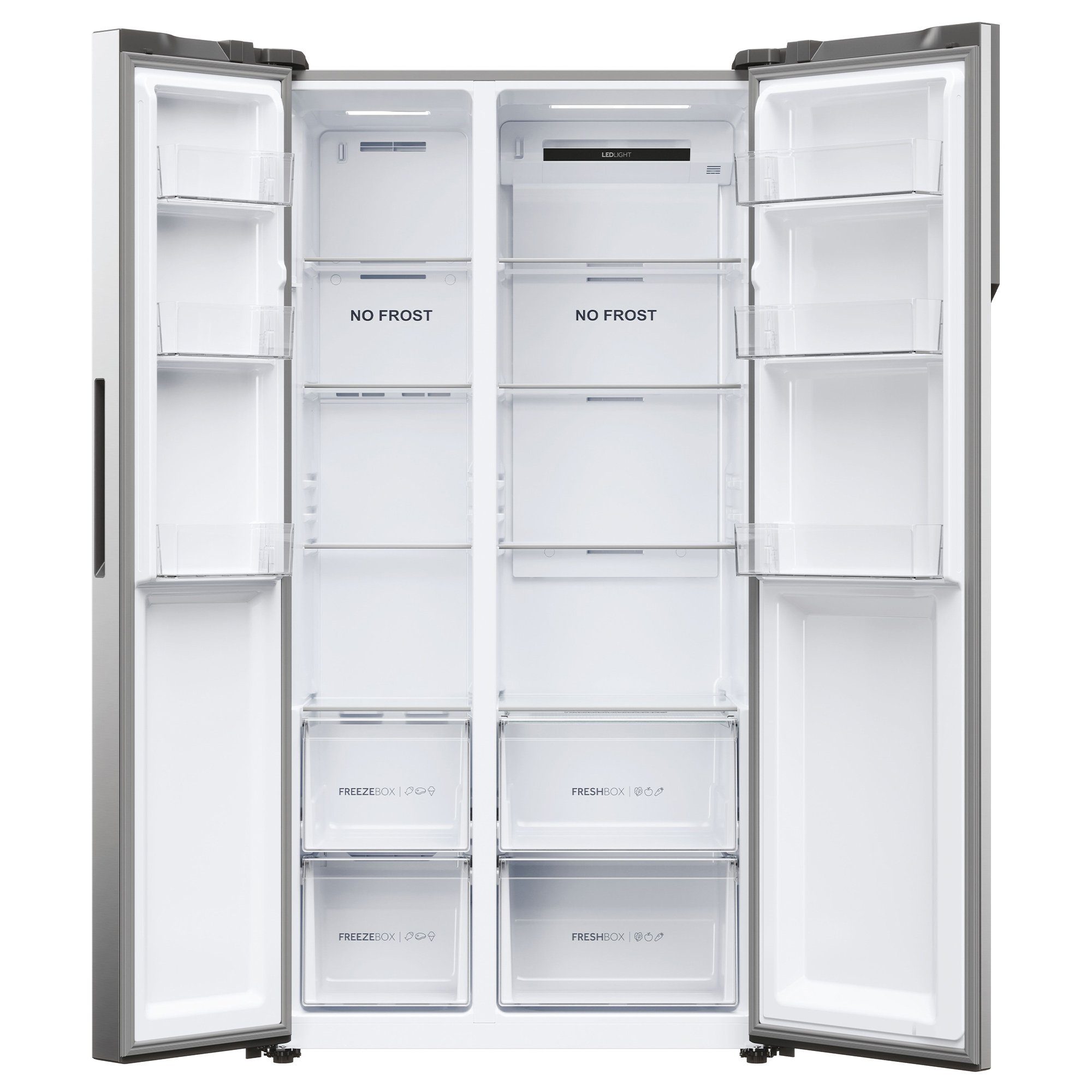 Haier Side-by-Side Front aus Edelstahl HSR5918DNMP, 177,5 cm hoch, 90,8 cm breit, Total NoFrost, Mutli Airflow, Top LED Beleuchtung, XL Slim Line