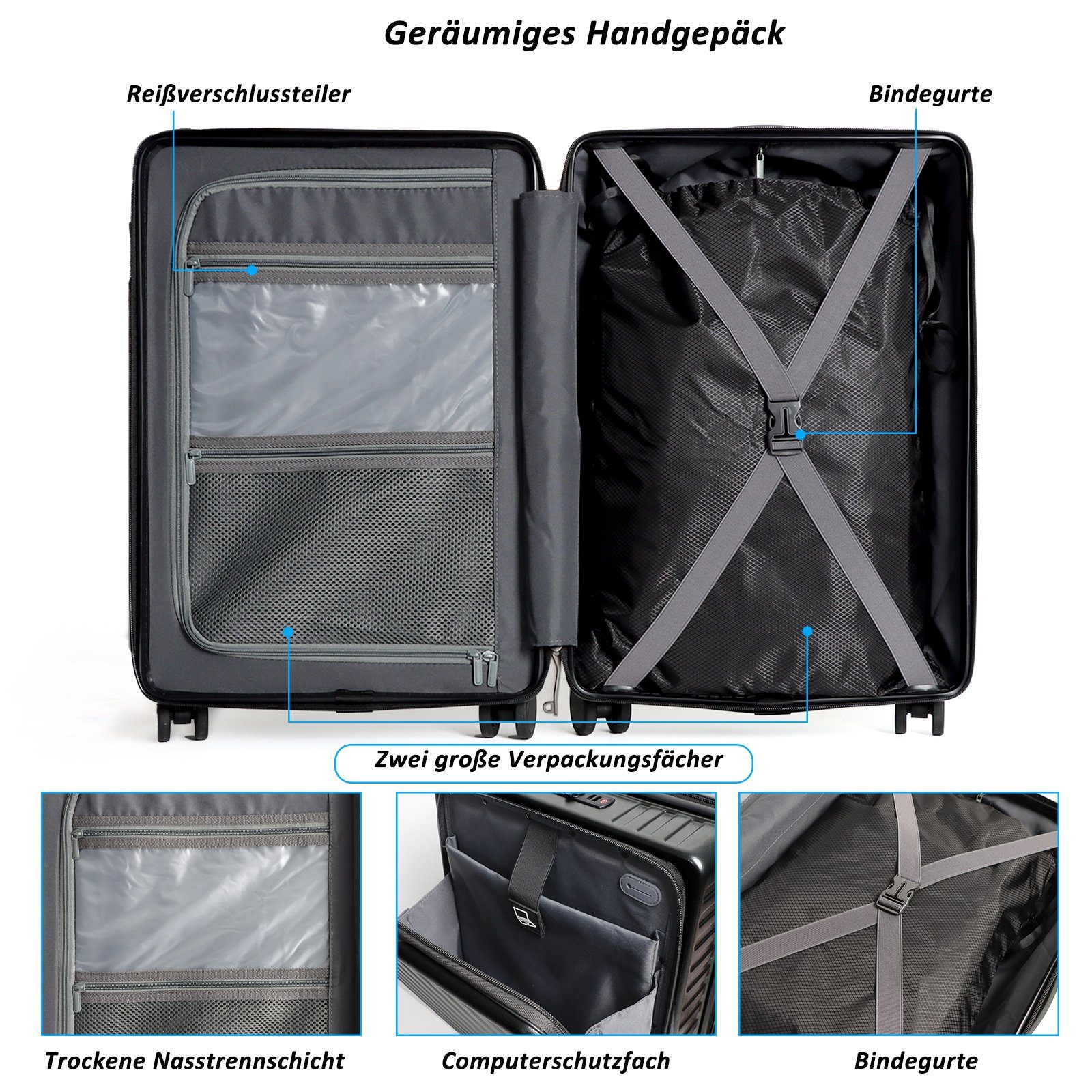 CALIYO Hartschalen-Trolley Business Trolly, Roll-Reisekoffer, Trolley Rollkoffer Erweiterbar, 4 Rollen, Trolley Rollkoffer Reisekoffer Erweiterbar mit Laptopfach