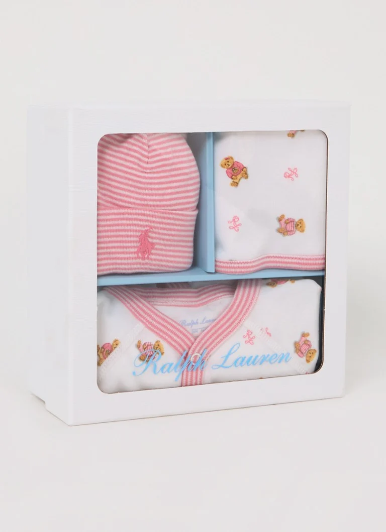 Set per neonati Ralph Lauren con cappellino e bavaglino, presentato in una confezione regalo, 3 pezzi