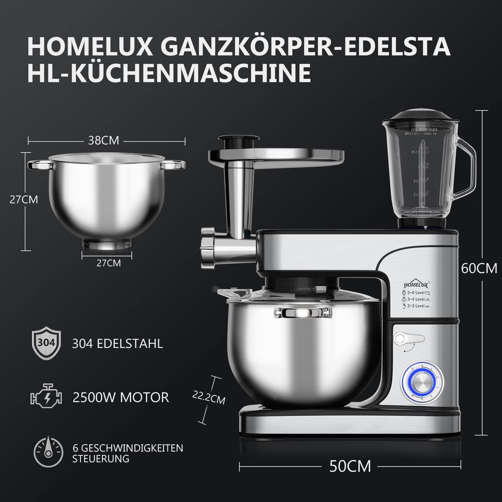 HOMELUX Küchenmaschine Knetmaschine, Teigmaschine,6 Geschwindigkeiten mit Edelstahlschüssel, 2500,00 W, 12,00 l Schüssel, inkl 6-Teiligem Patisserie-Set und Spritzschutz