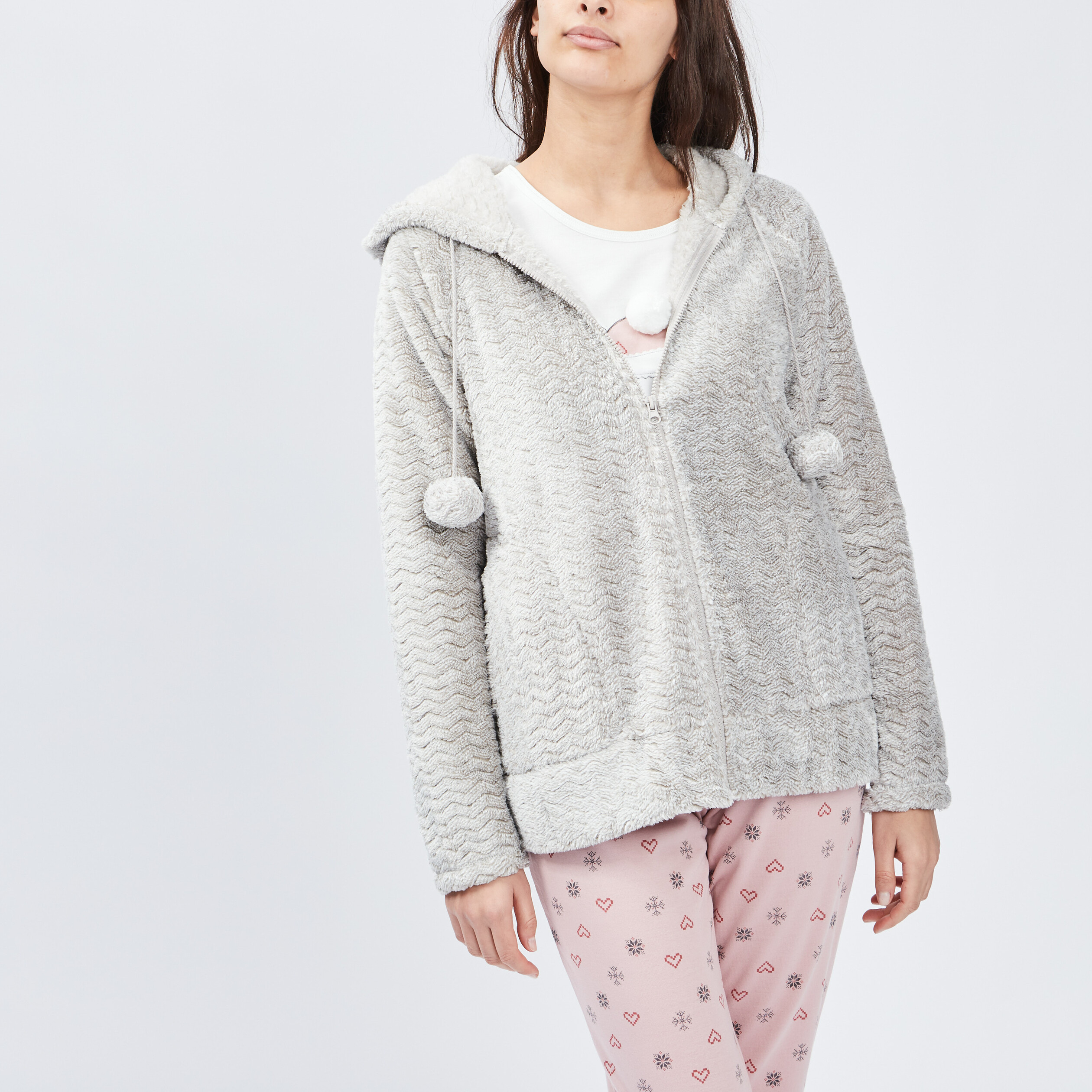 Veste de pyjama plaid à capuche gris femme | La Halle