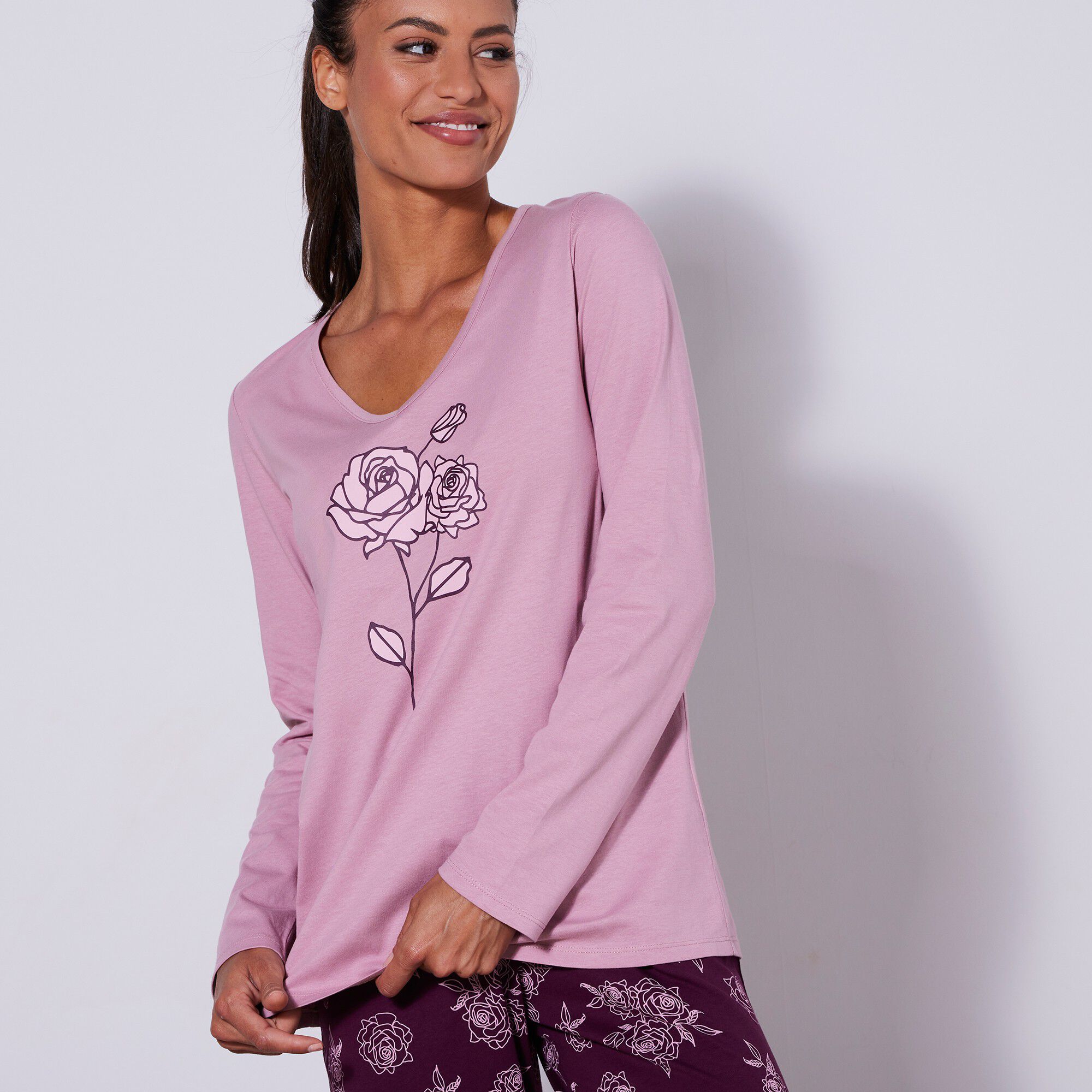 Pyjama en coton manches longues imprimé roses