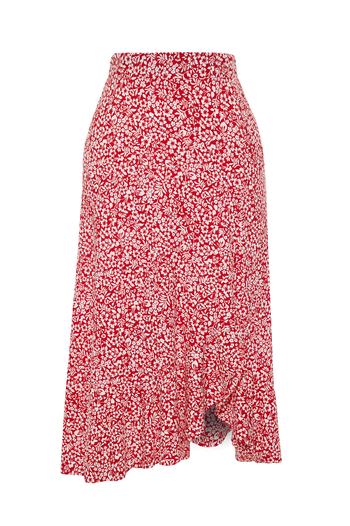 Trendyol Collection  Roter bedruckter String-Detail- und Volant-Stretch-Strickrock mit hoher Taille TWOSS21ET0029