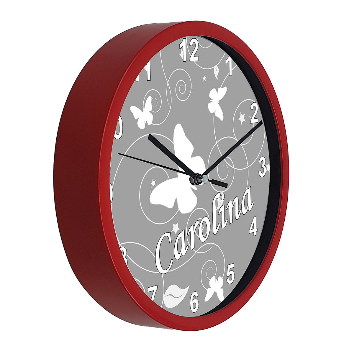 Kinder Wanduhr laufruhig personalisiert mit Name Schmetterling Ornamente grau