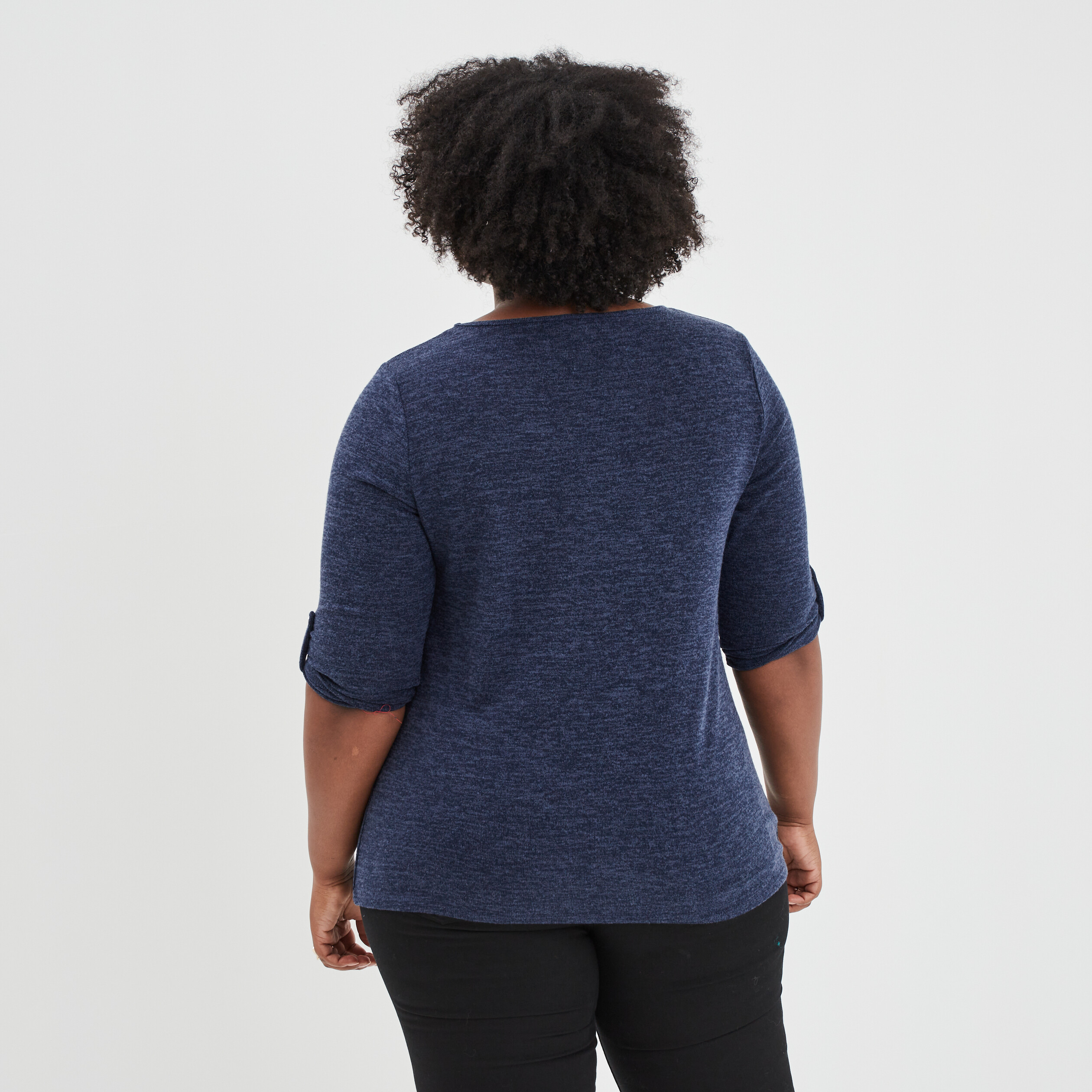 Pull col en V manches 3 4 bleu marine femme grande taille | La Halle