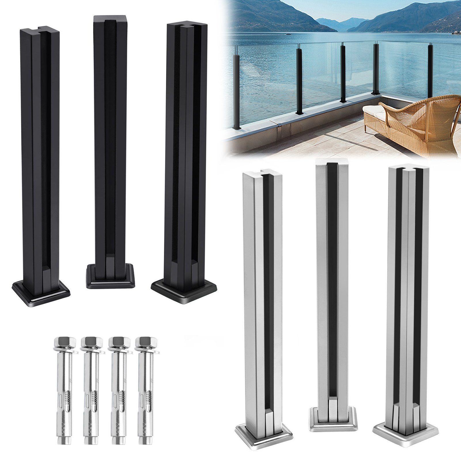 AUFUN Zaun Glas Geländerpfosten Glashalter Edelstahl Silber Glasklemme, 10-12mm, (Glas-Geländerpfosten, Glas-Balustradenpfosten), Sichtschutz, Windschutz für Gehärtetes Glas Werden 85cm / 95cm