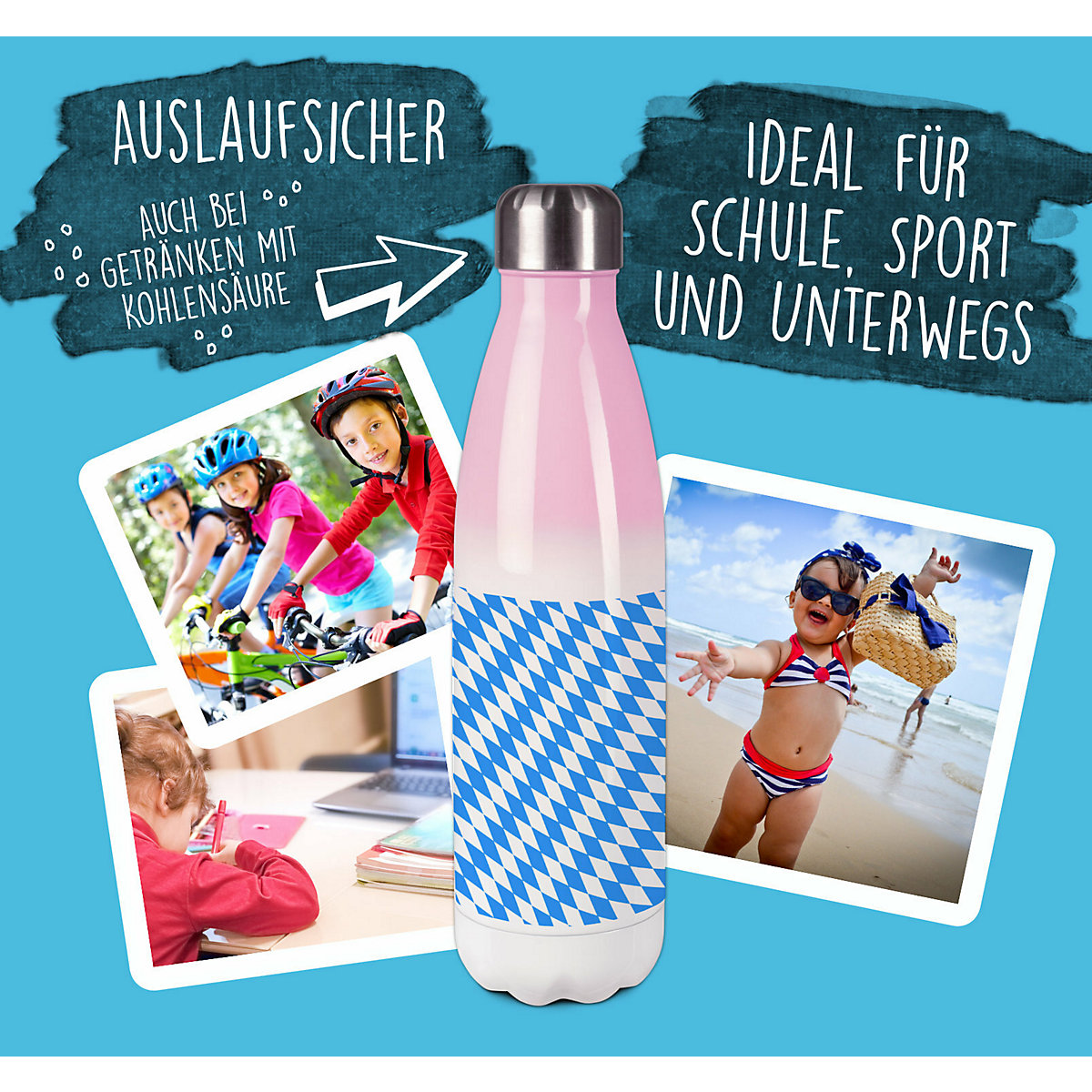 Edelstahl Kinder Thermoflasche / Trinkflasche bunt Bayern Spülmaschinenfest, Auslaufsicher, Bruchfest, Doppelwandig, Für Heißgetränke geeignet, Mit Deckel, Isoliert